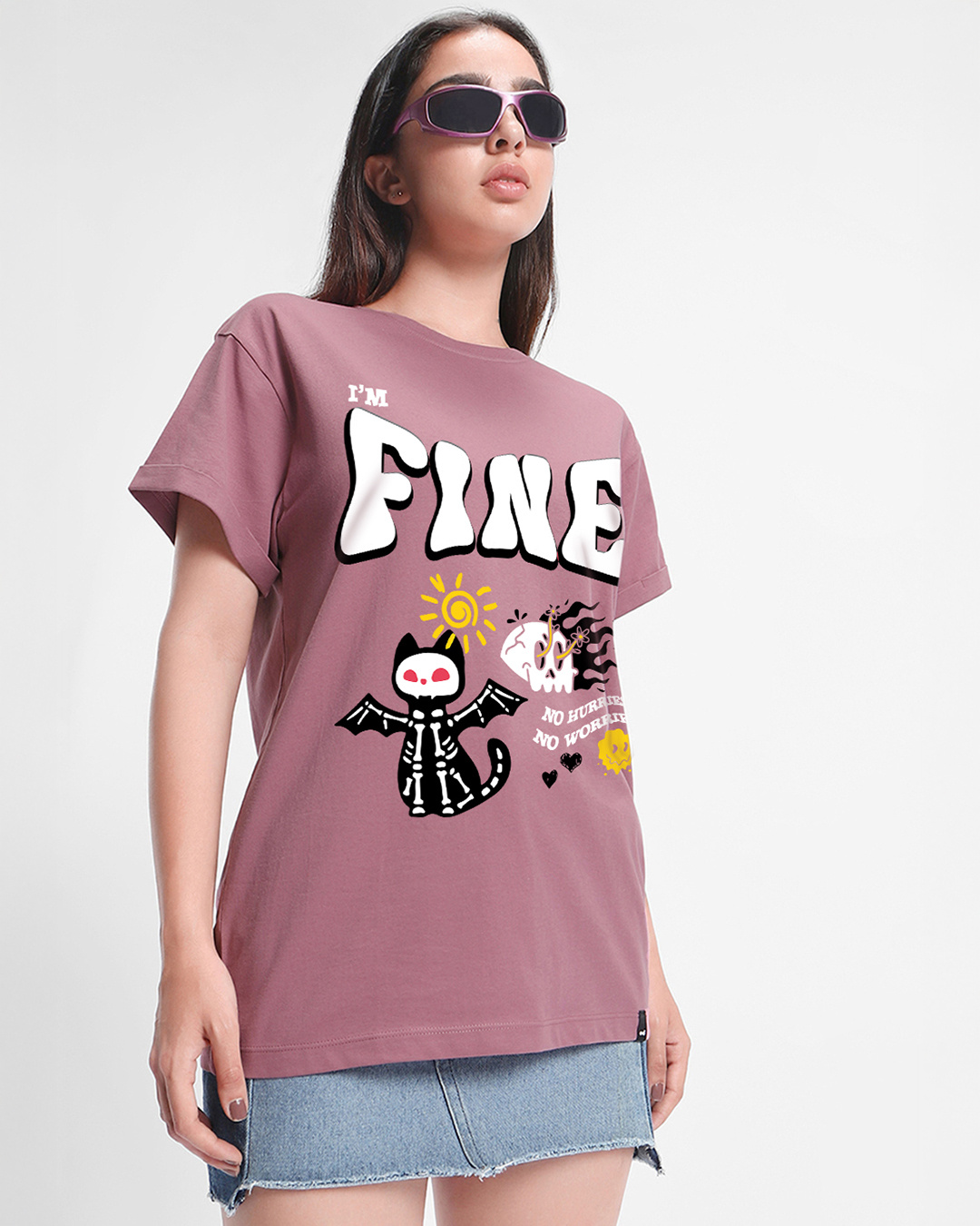 Shop Women's Mauve I'm Fine Graphic Printed Boyfriend T-shirt-Back
