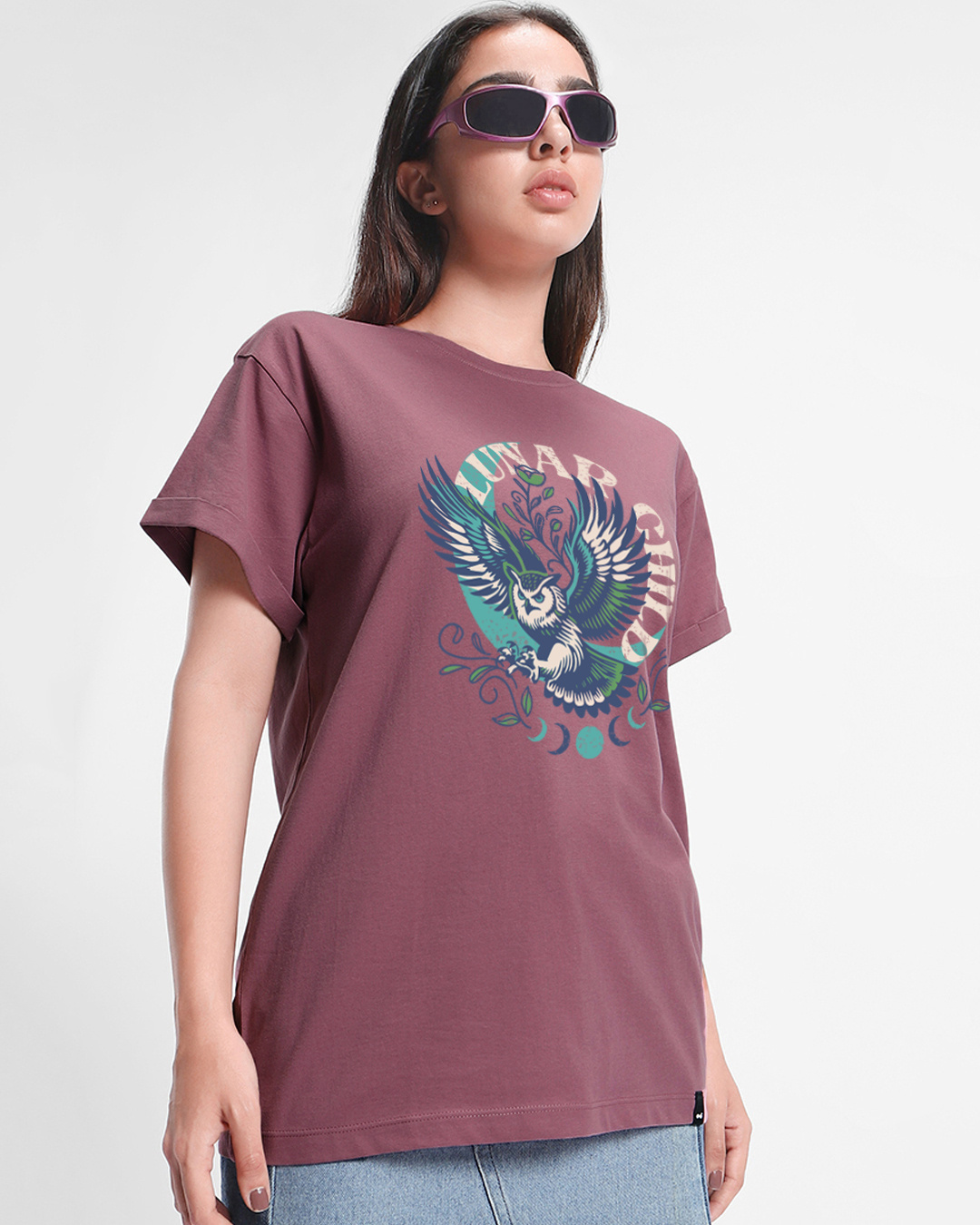 Shop Women's Mellow Mauve Lunar Child Graphic Printed Boyfriend T-shirt-Back