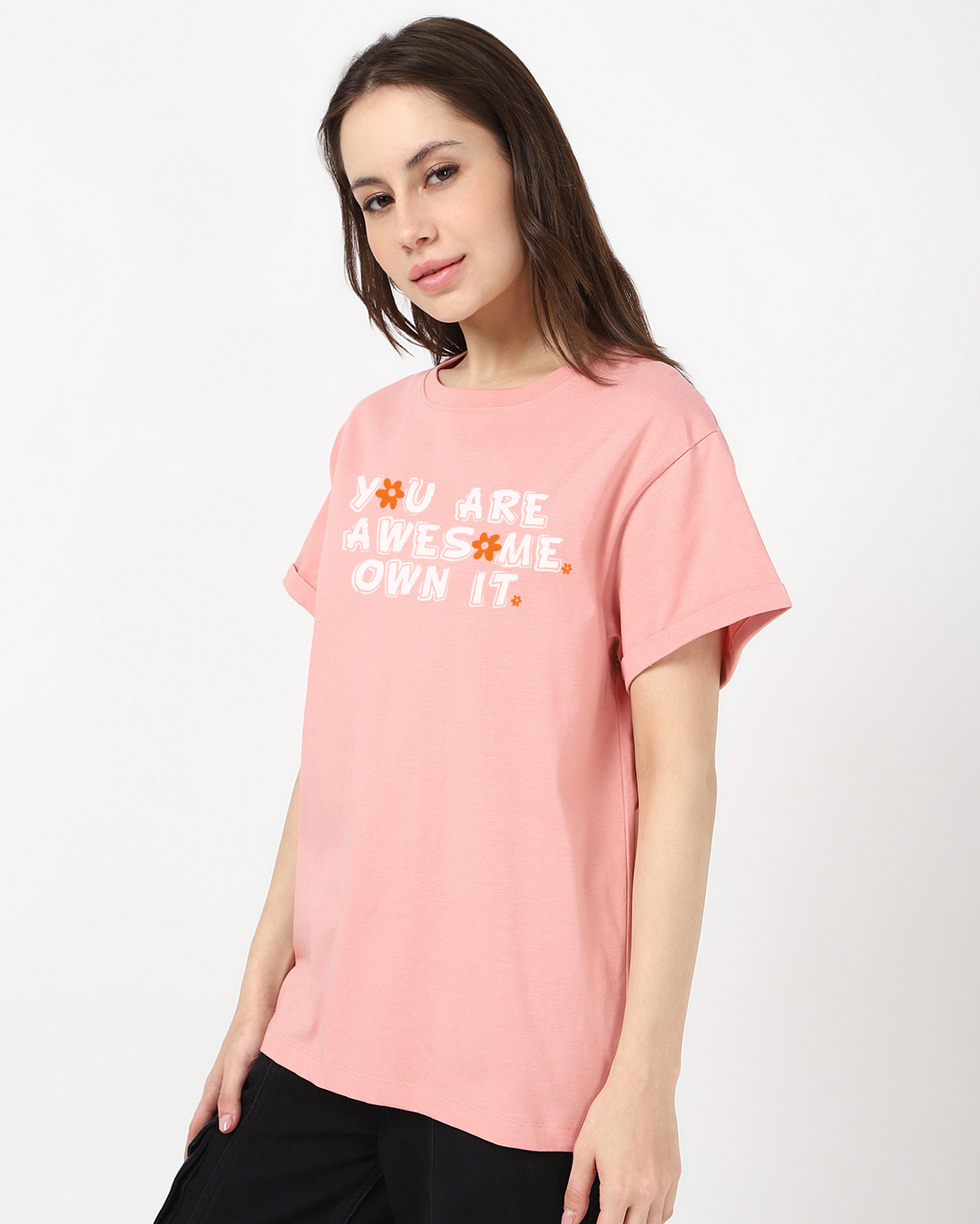 Shop Women's Mellow Rose Pink Awesome Typography Boyfriend T-shirt-Back