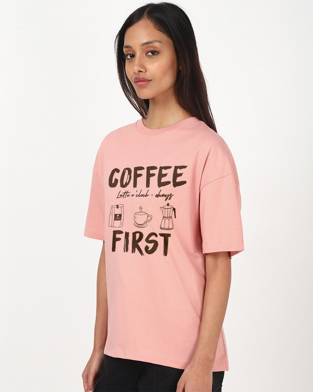 Shop Women's Mellow Rose Pink Coffee First Graphic Printed Oversized T-shirt-Back