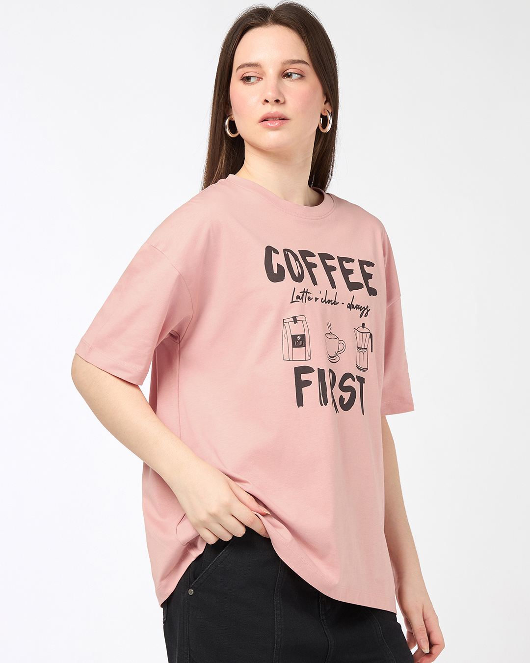Shop Women's Mellow Rose Pink Coffee First Graphic Printed Oversized T-shirt-Back