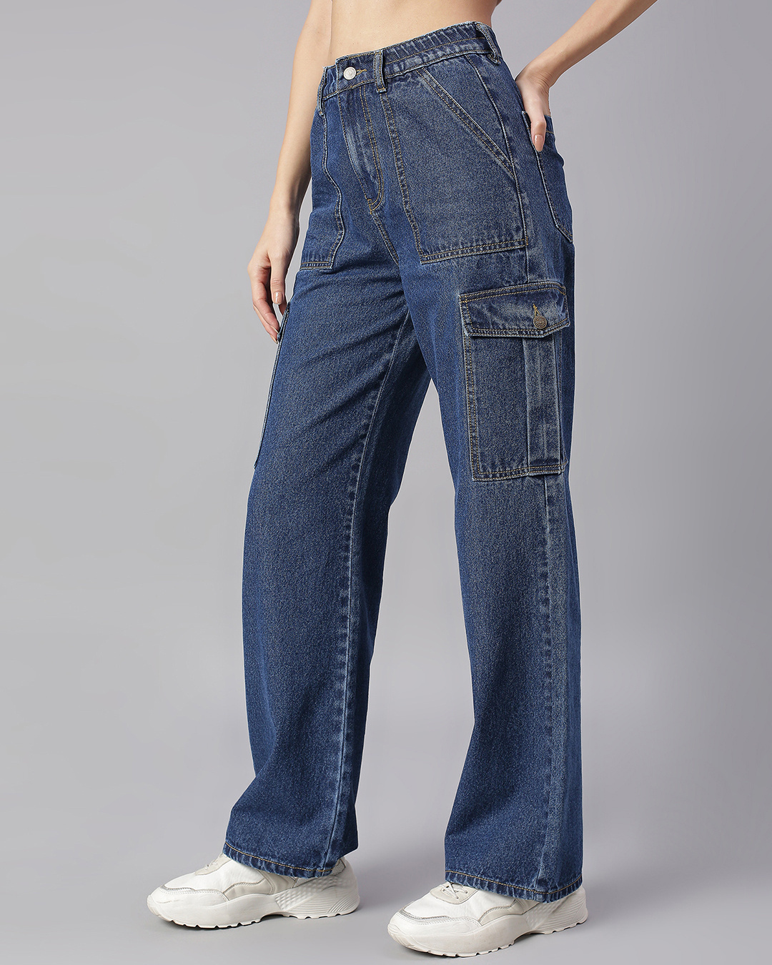 Shop Women's Mid Blue Straight Fit Cargo Jeans-Back