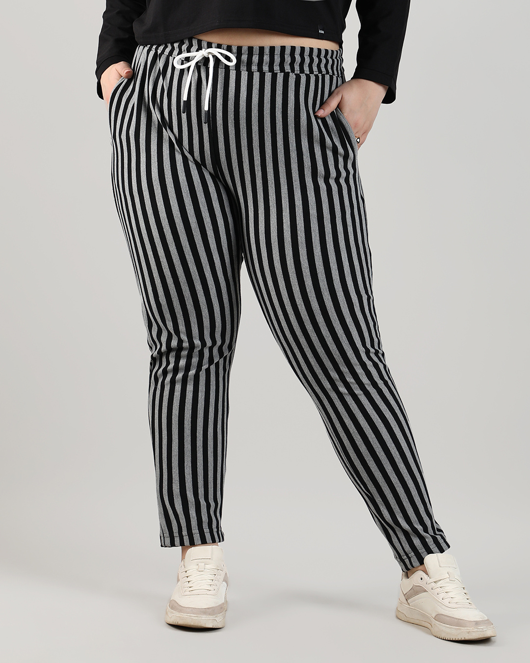 Women's Black Striped Slim Fit Trousers