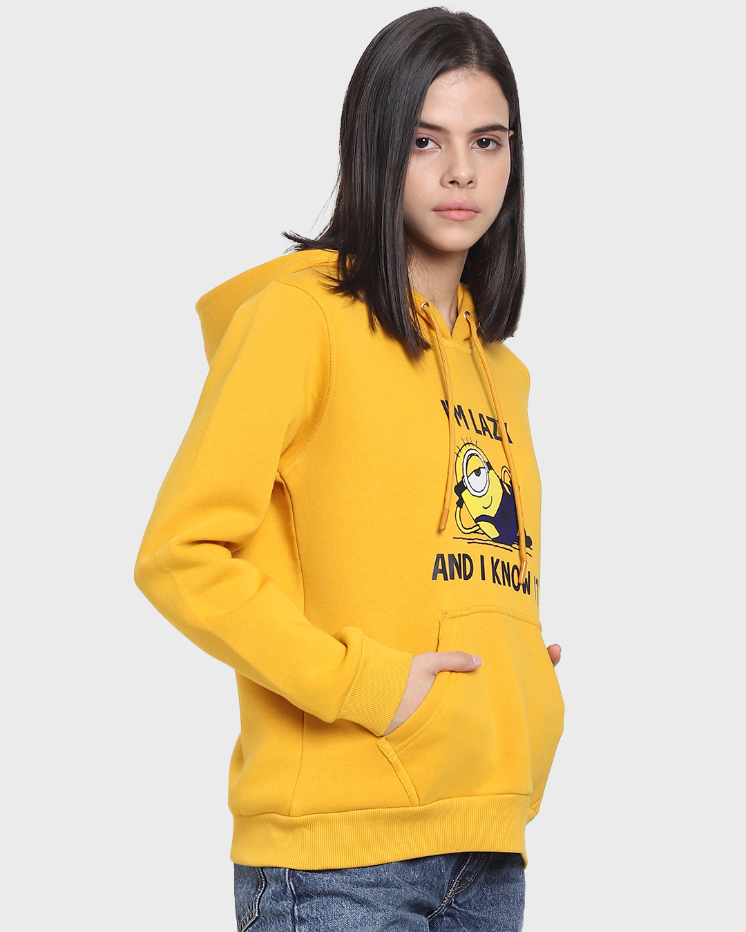 Shop Women's Yellow I'm Lazy Minion Graphic Printed Hoodie-Back