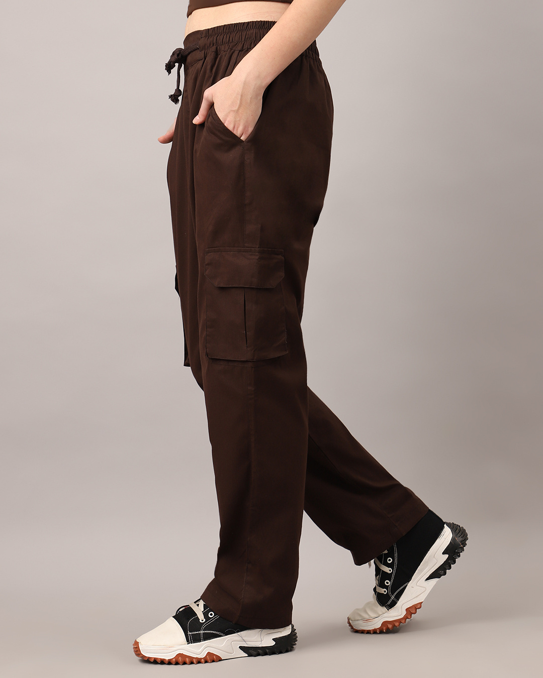 Shop Women's Mocha Brown Loose Comfort Fit Cargo Pants-Back