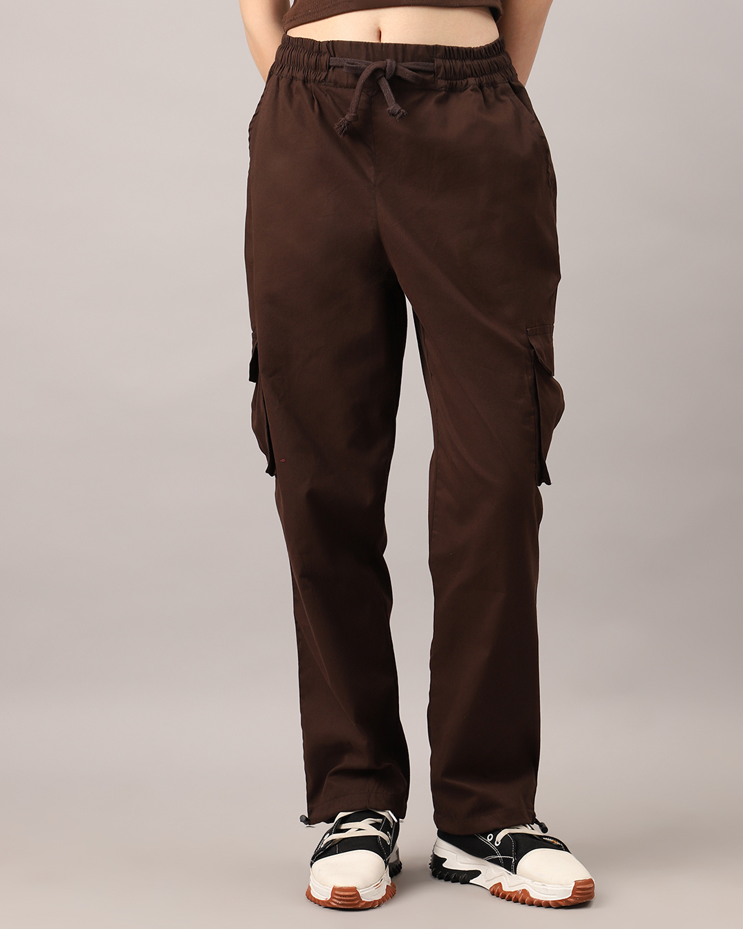 Women Unisex Brown Front Pocket Parachute Pants
