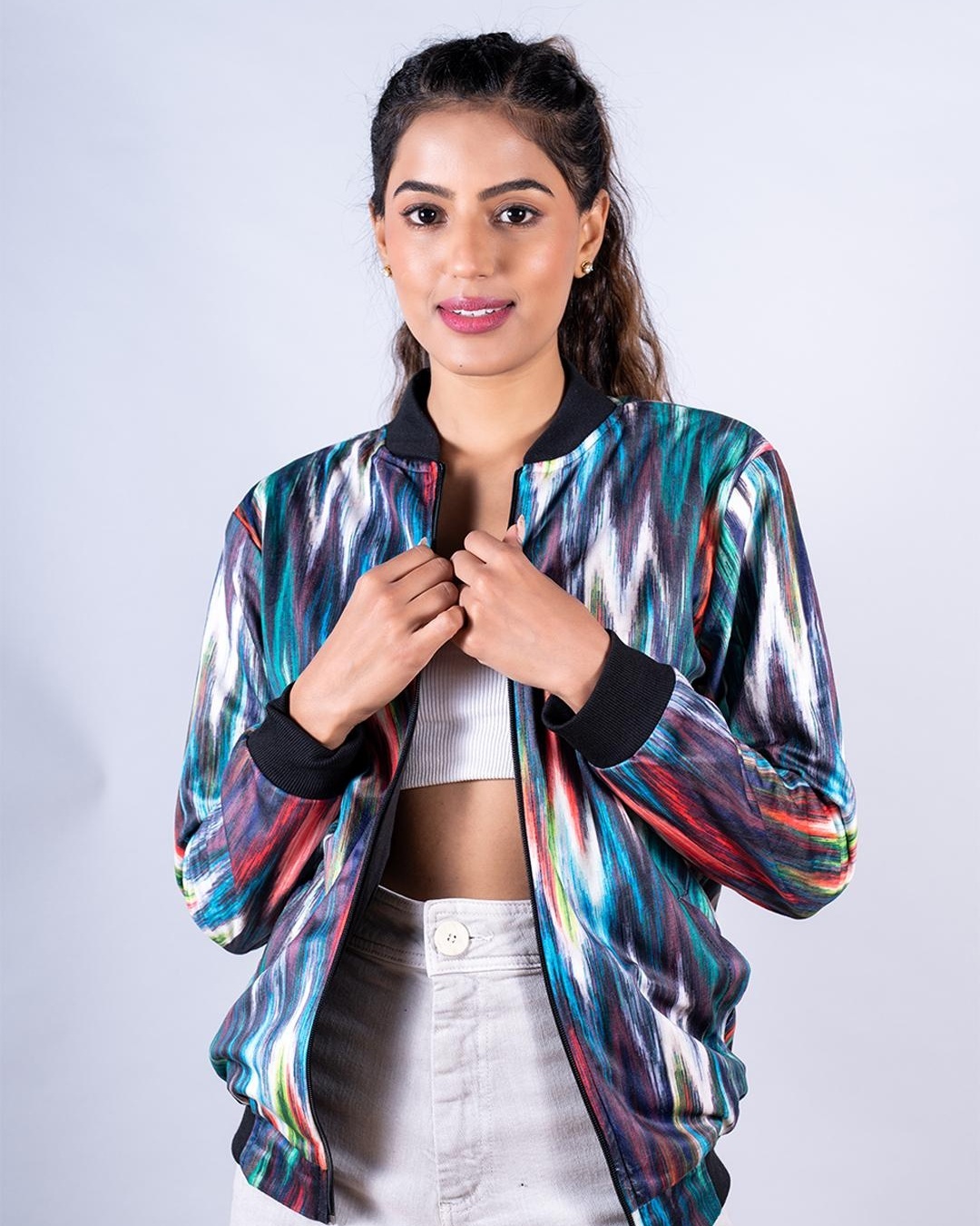 Shop Women's Blue Abstract Printed Velvet Bomber Jacket-Back