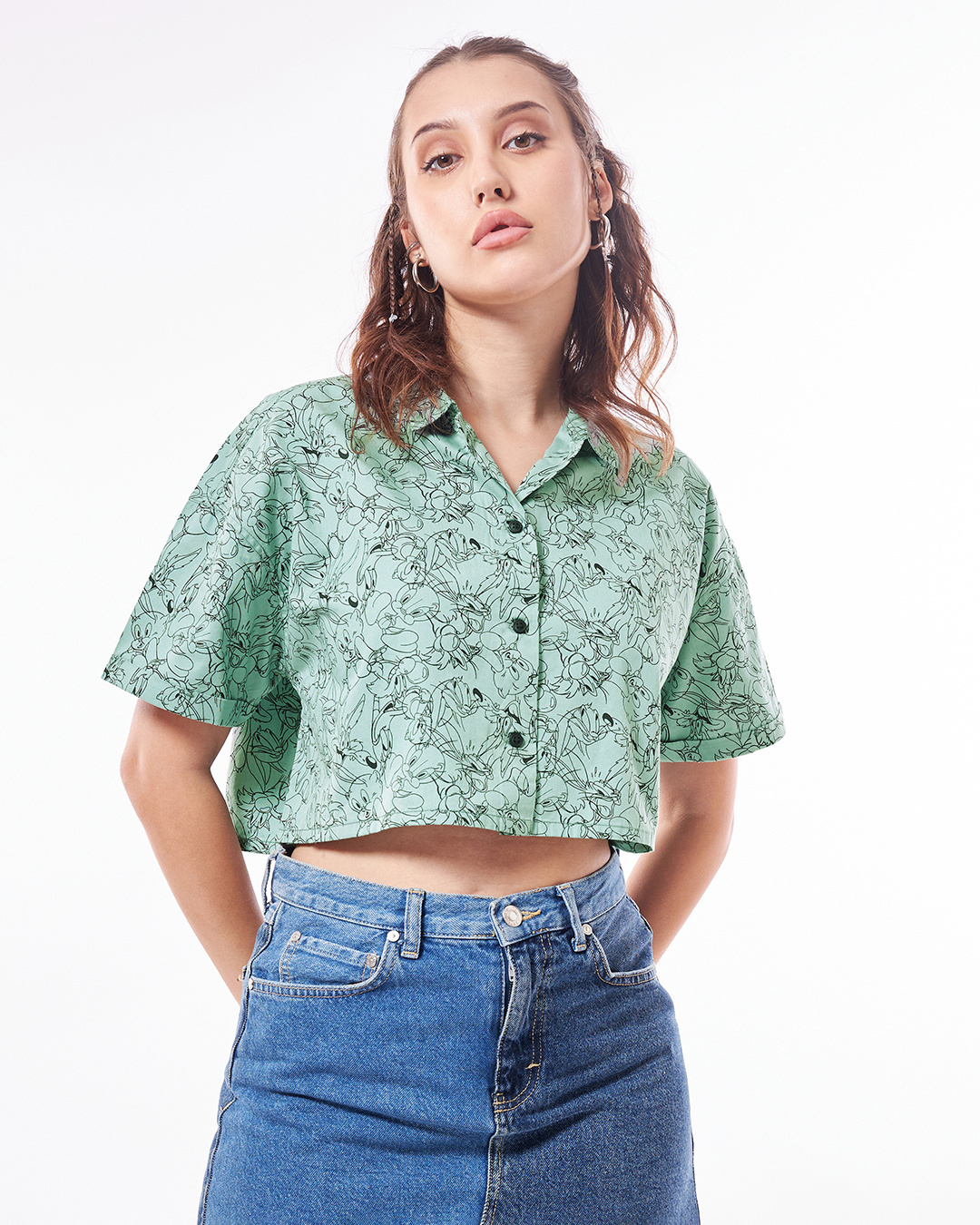 Shop Women's Green All Over Printed Oversized Crop Shirt-Back