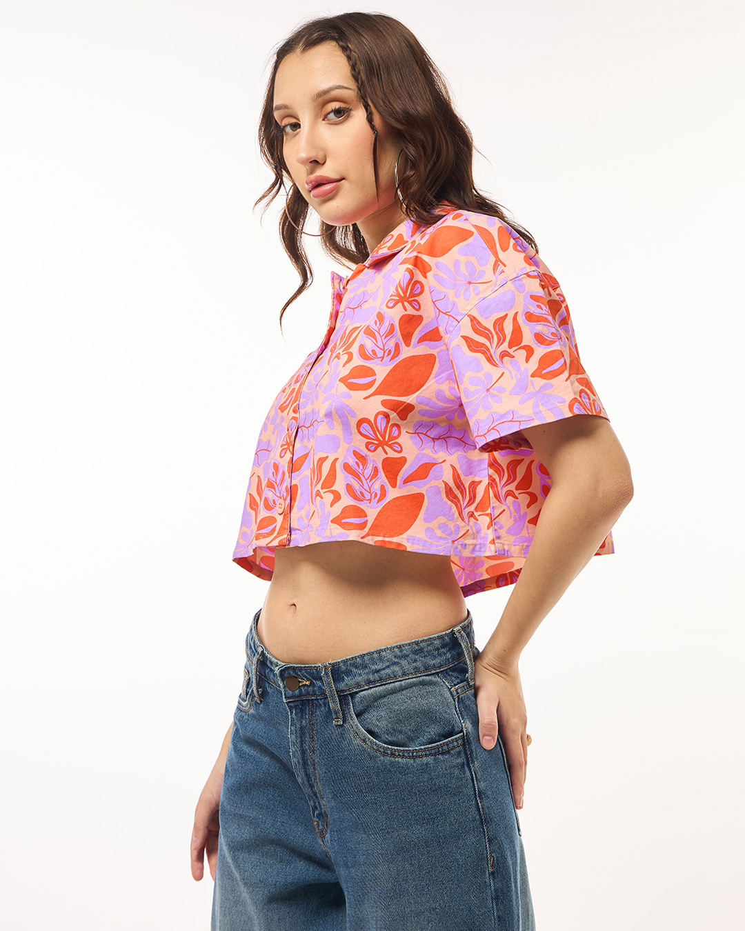 Shop Women's Multicolor All Over Printed Oversized Crop Shirt-Back