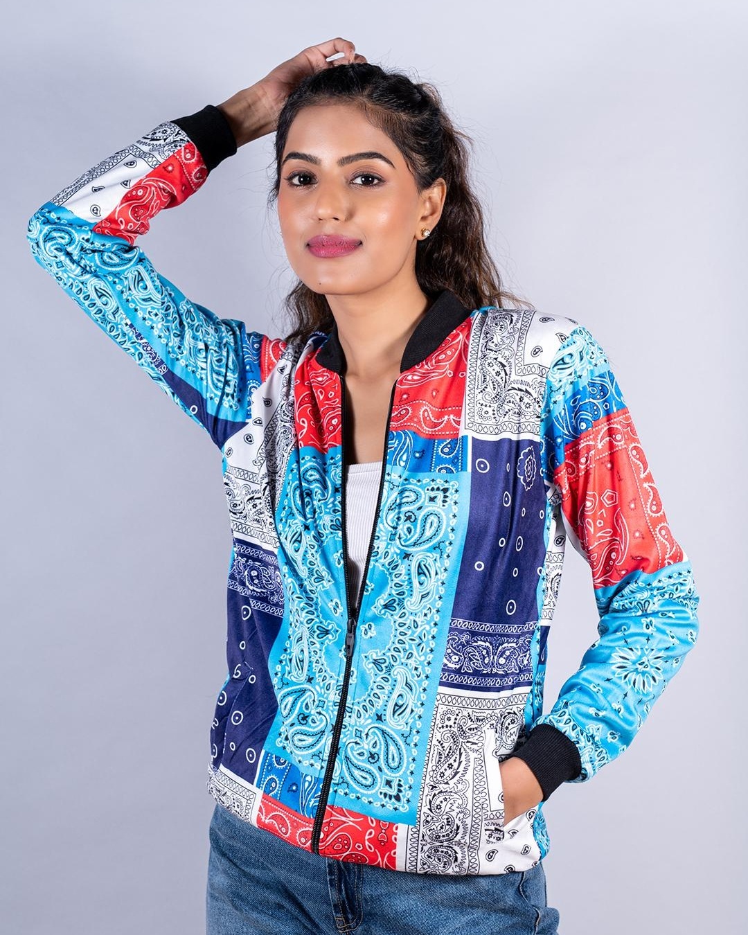 Buy Women S Multicolor Ethnic Motif Printed Relaxed Fit Velvet Jacket For Women Blue Online At