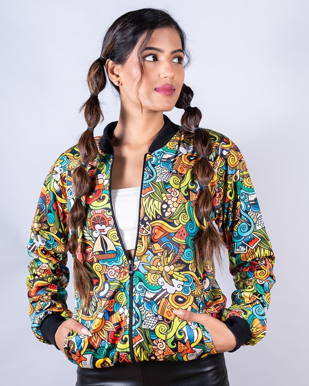 Shop Women's Multicolor Graphic Printed Velvet Bomber Jacket-Back