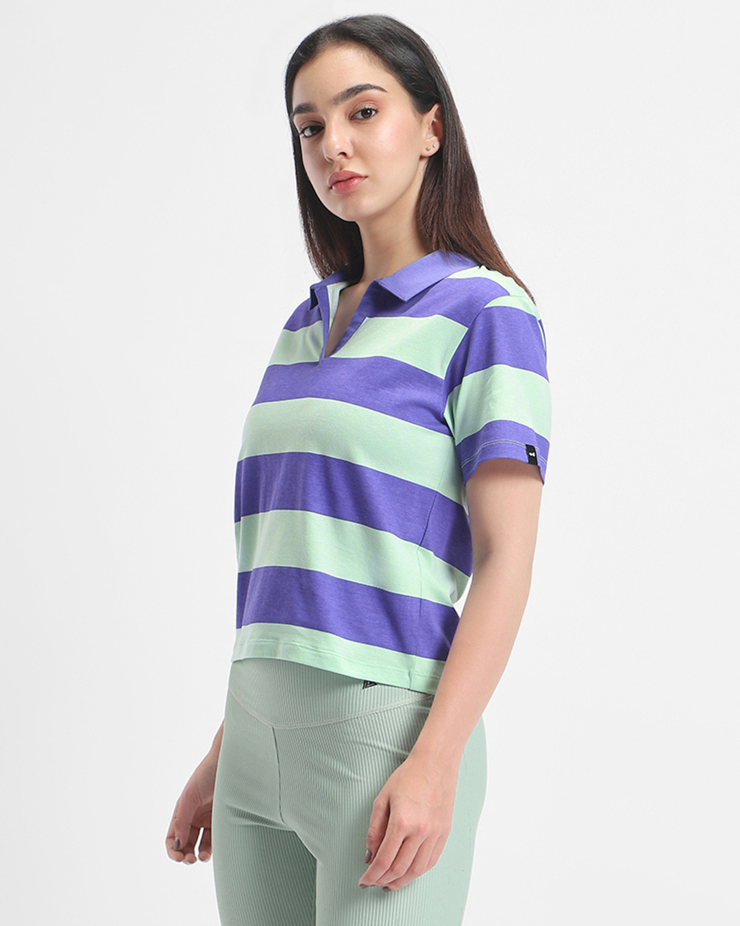 Shop Women's Blue & Green Striped Plus Size Polo T-shirt-Back