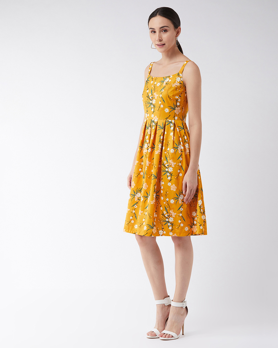 Shop Women's Mustard Floral Print Pleated Dress-Back