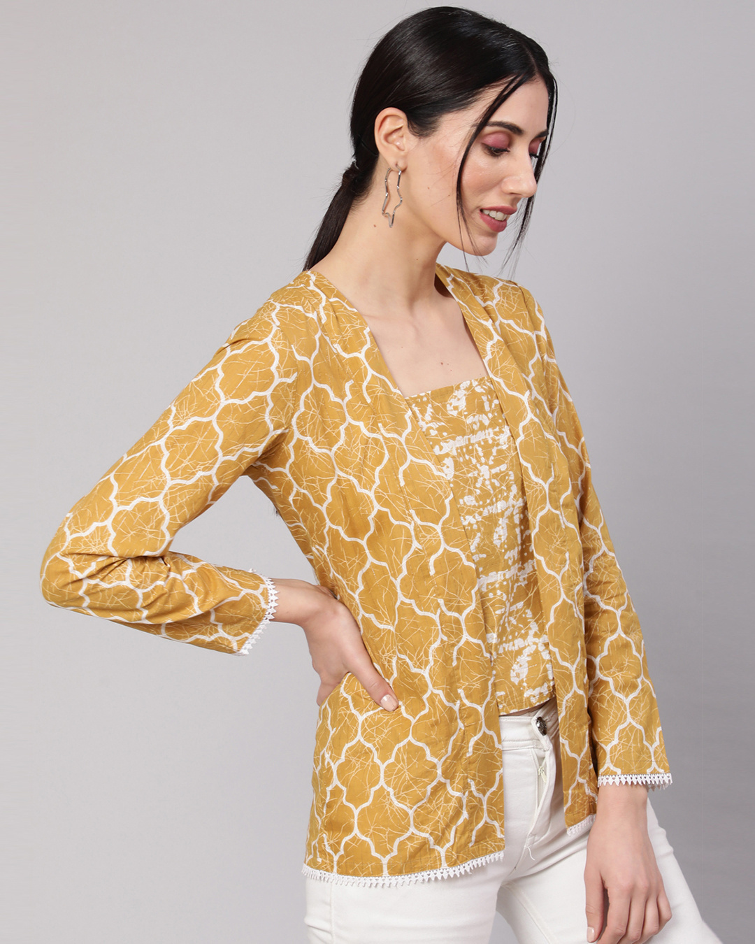 Shop Women's Mustard Printed Lurex Top-Back