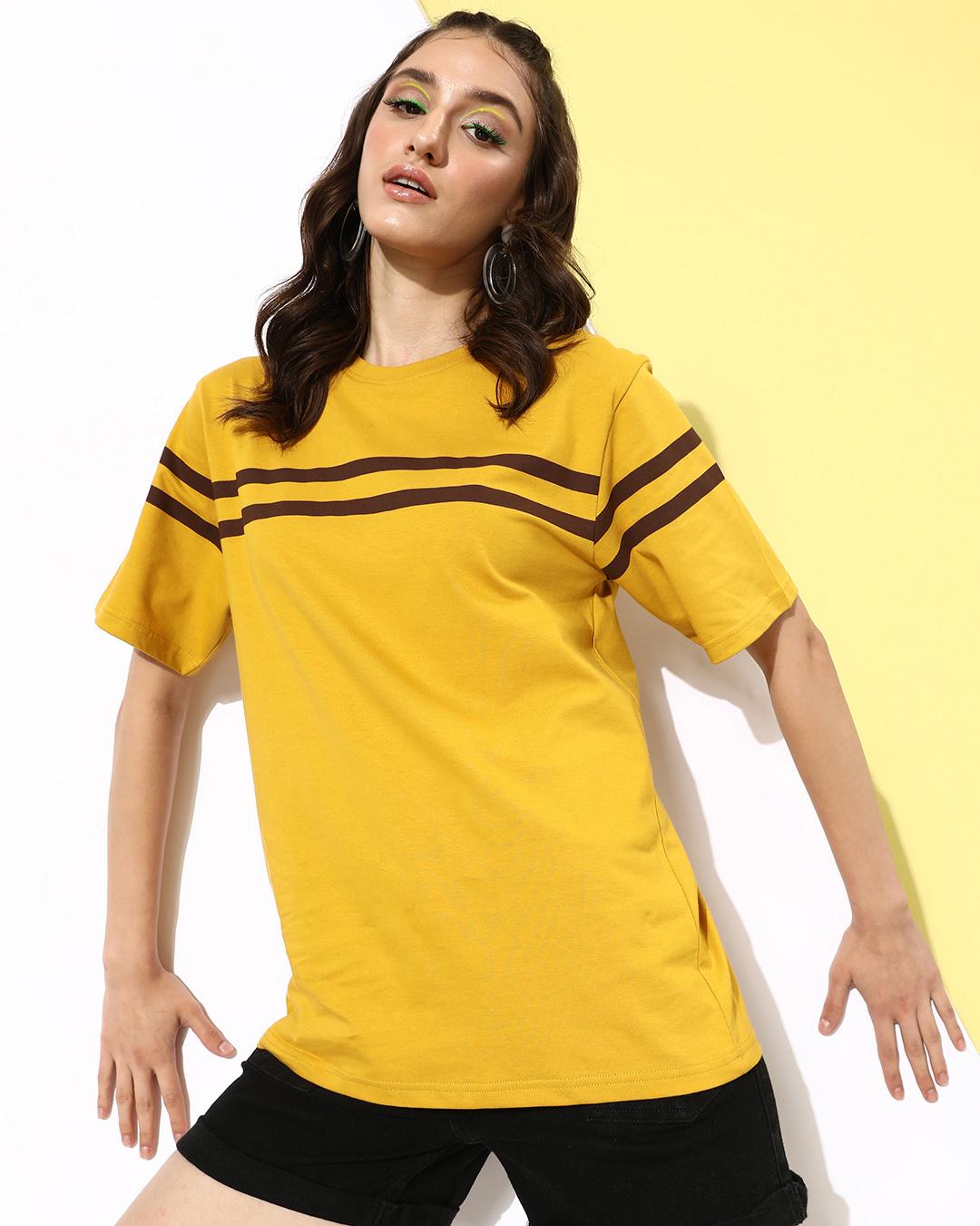 Shop Women's Mustard Yellow Striped Oversized T-shirt-Back