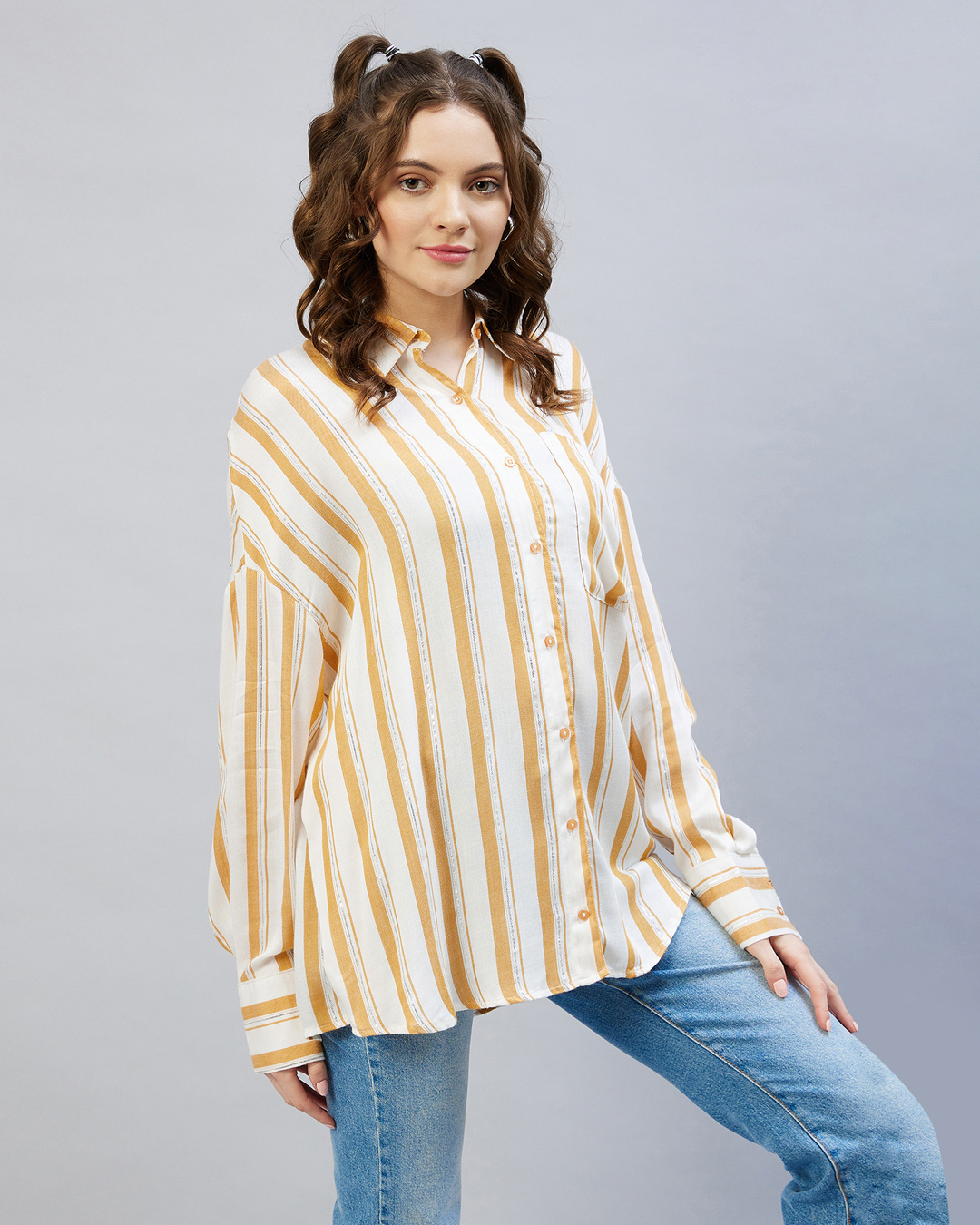 Shop Women's Mustard Yellow & White Striped Oversized Shirt-Back