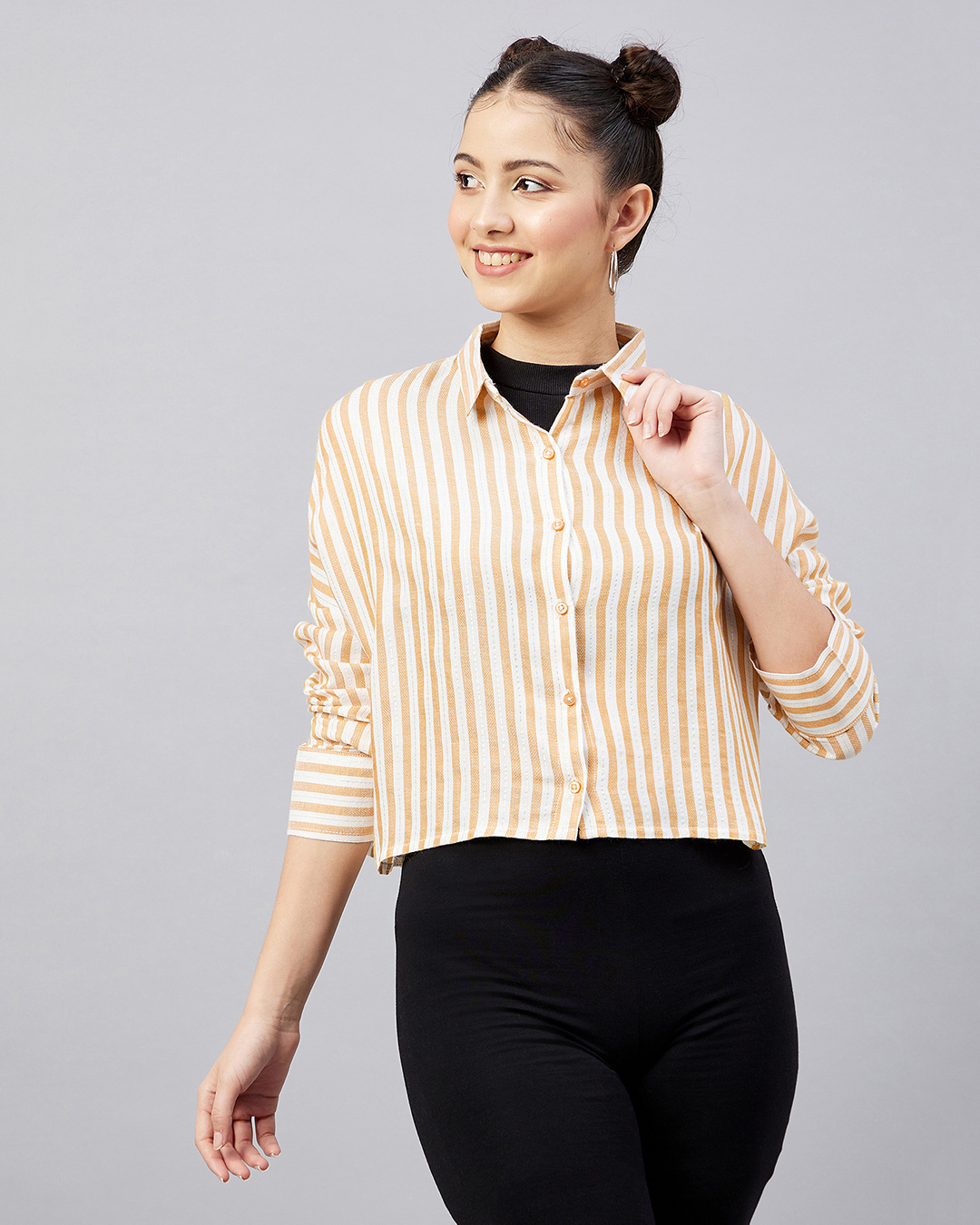 Shop Women's Mustart Yellow & White Striped Drop Shoulder Crop Shirt-Back