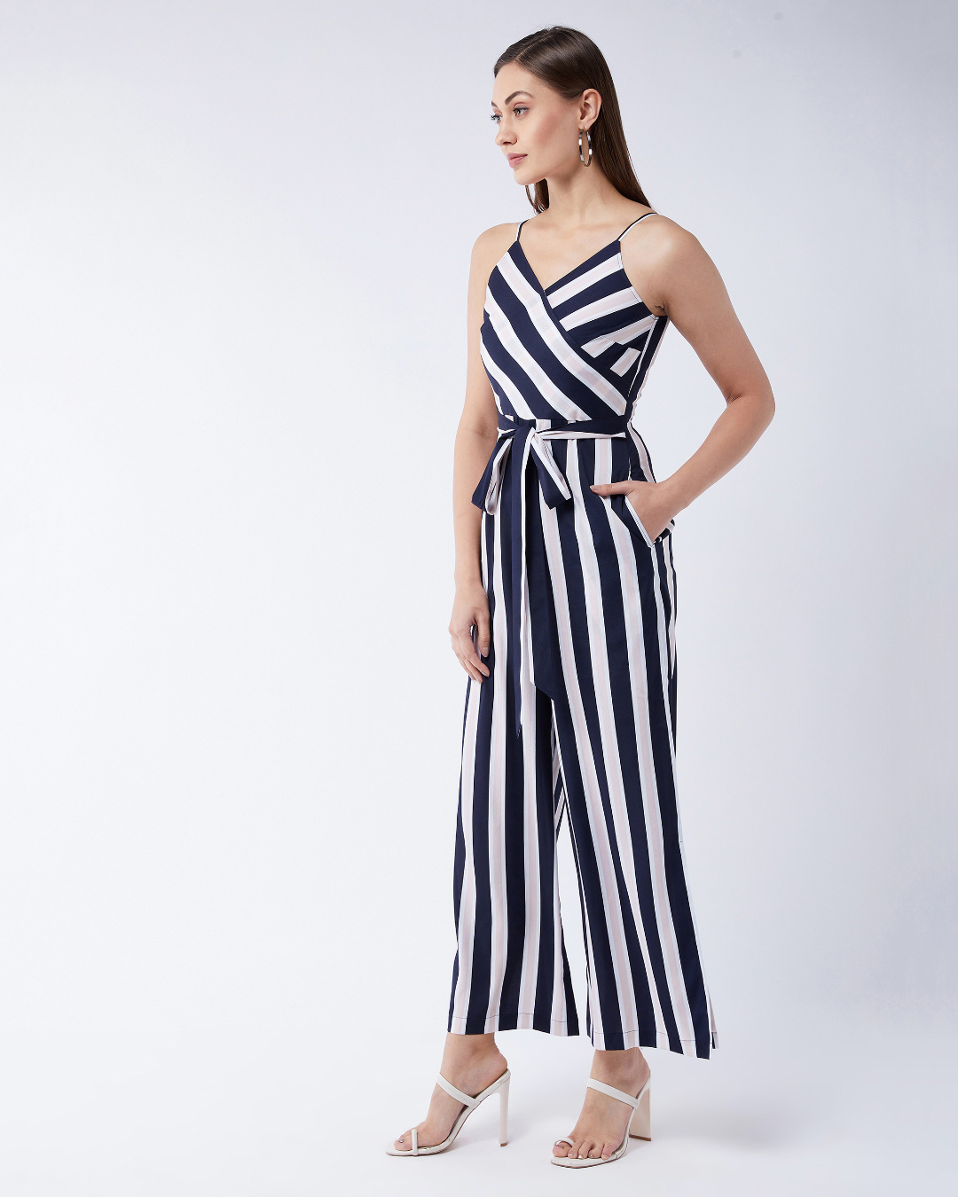 Shop Women's Navy Blue and White Striped Belted Jumpsuit-Back