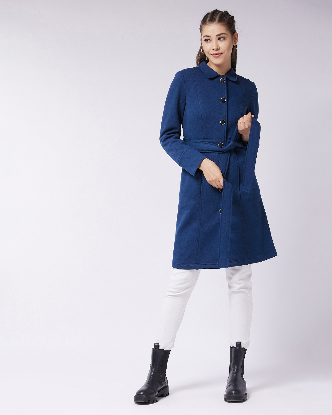 Buy Women's Navy Blue Belted Long Jacket for Women Blue Online at Bewakoof