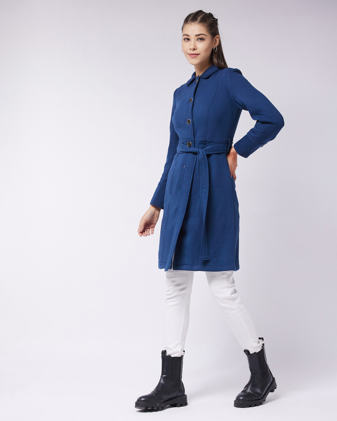 Shop Women's Navy Blue Belted Long Jacket-Back