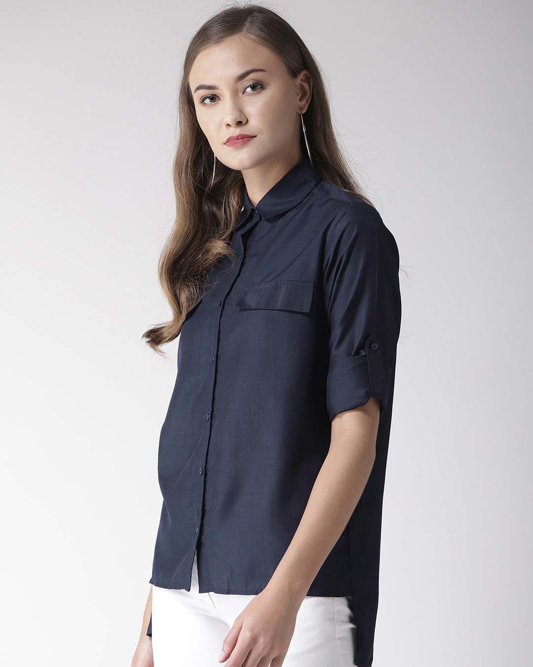 Shop Women's Navy Blue Classic Fit Solid Casual Shirt-Back