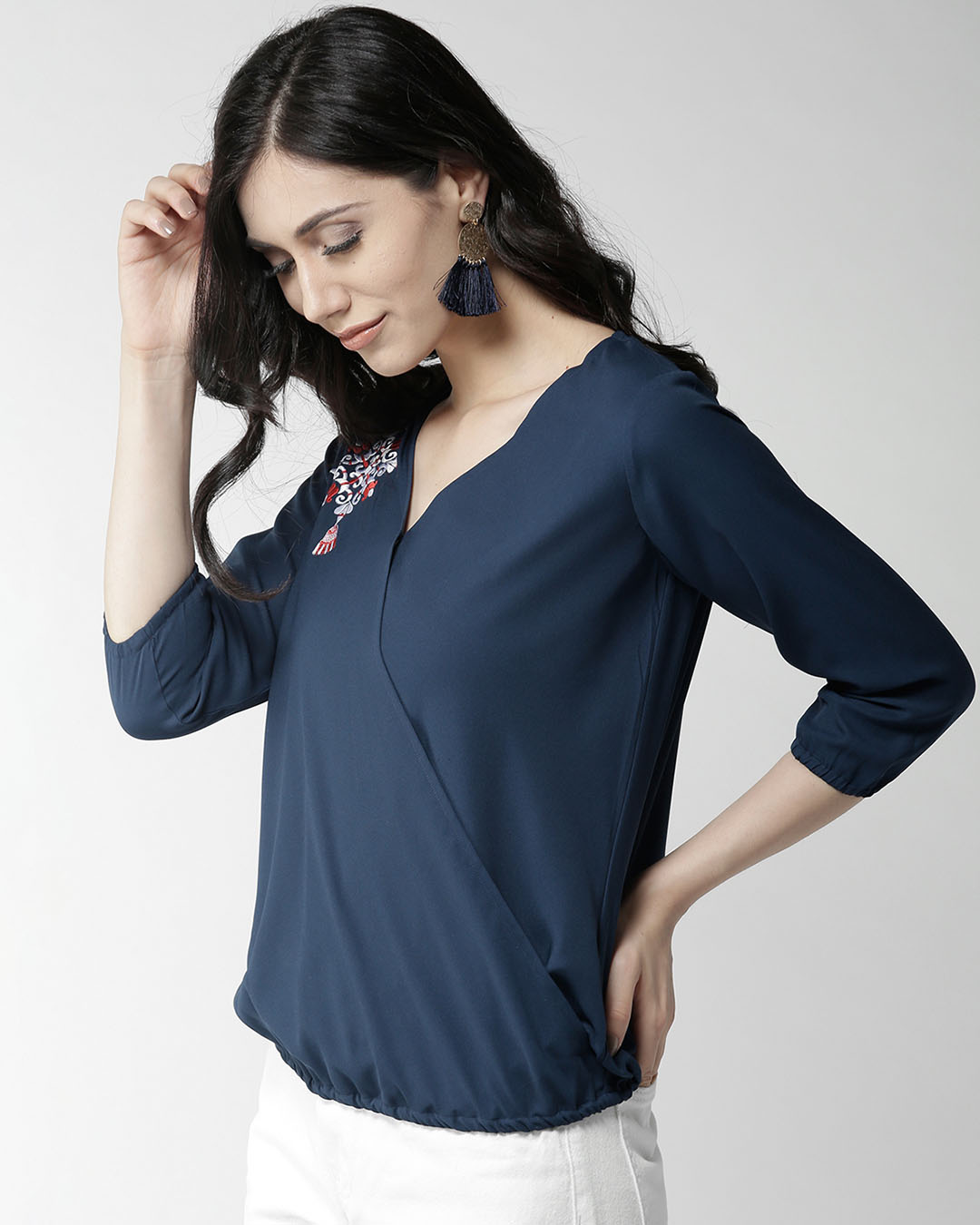 Shop Women's Navy Blue Embroidered Detail Wrap Top-Back
