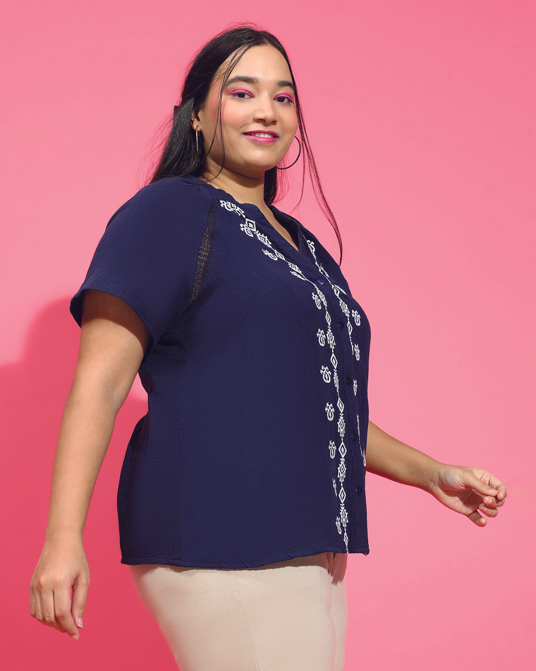 Shop Women's Navy Blue Embroidered Relaxed Fit Plus Size Shirt-Back