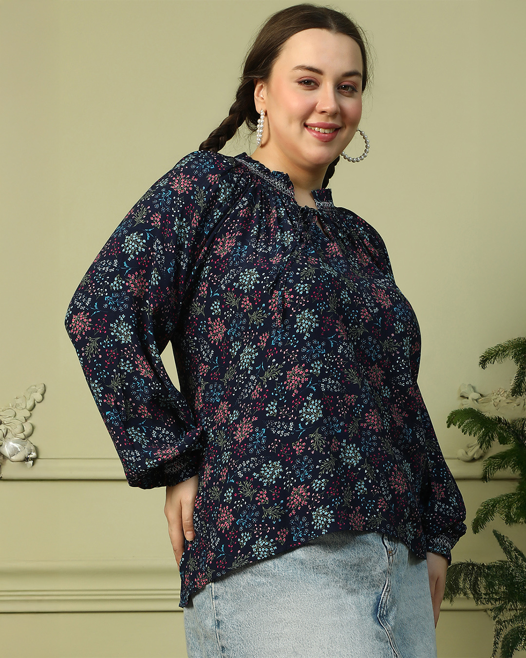 Shop Women's Navy Blue Floral Printed Plus Size Top-Back