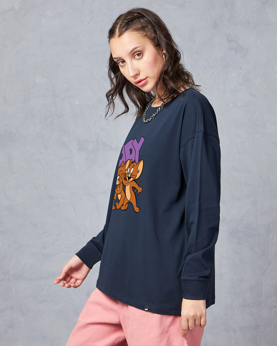 Shop Women's Navy Blue Moody Jerry Graphic Printed Oversized T-shirt-Back