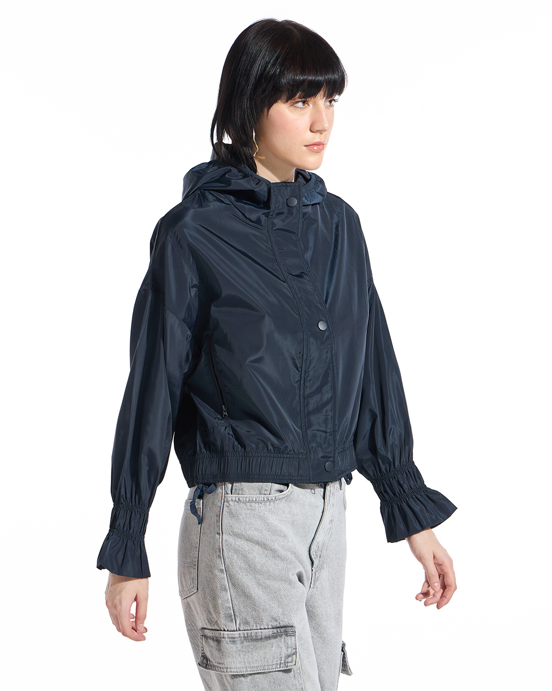 Shop Women's Navy Blue Oversized Hooded Windcheater Jacket-Back