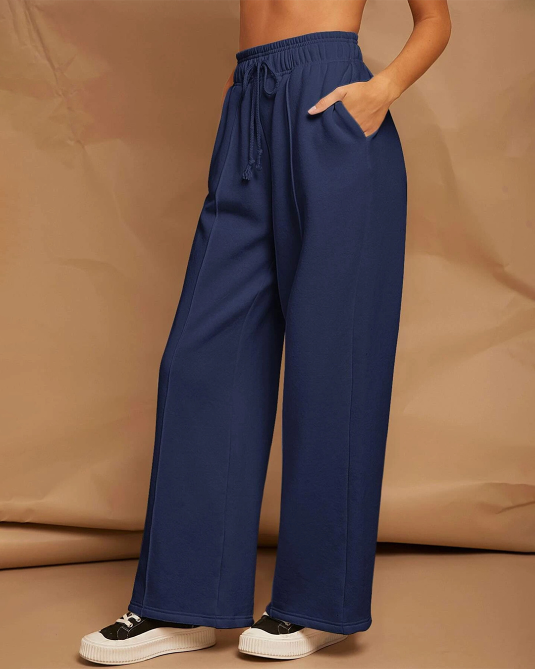 Shop Women's Navy Blue Oversized Pleated Wide Leg Korean Pants-Back