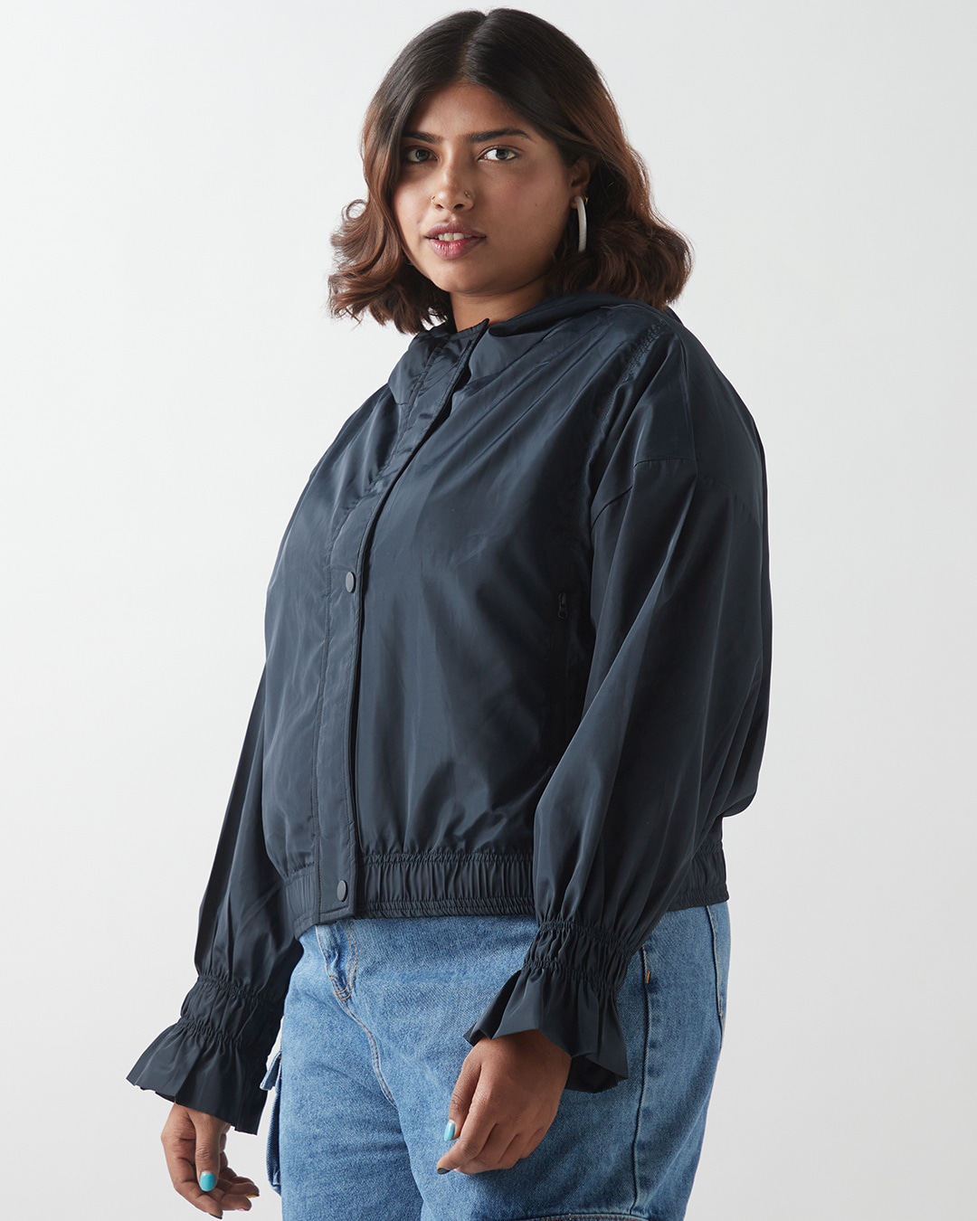 Shop Women's Navy Blue Oversized Plus Size Hooded Windcheater Jacket-Back