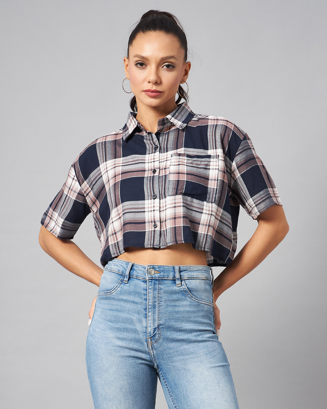 Natilene Navy Checked Blouson Pure Cotton Crop Top