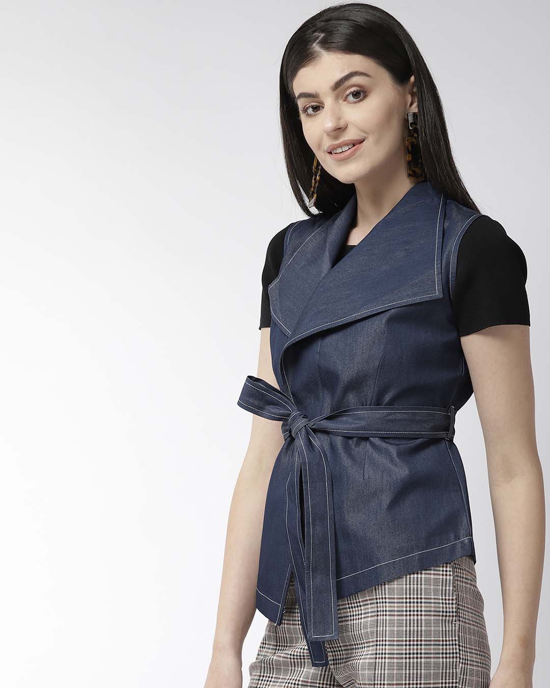 Shop Women's Navy Blue Solid Asymmetric Closure Open Front Jacket-Back