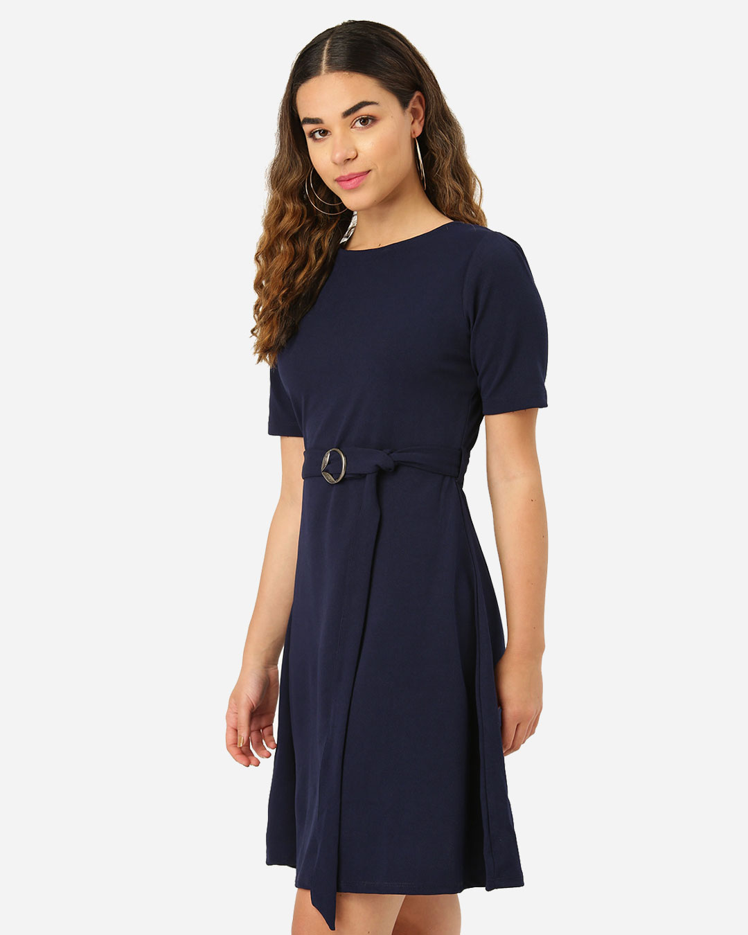 Shop Women's Navy Blue Solid Fit And Flare Dress-Back