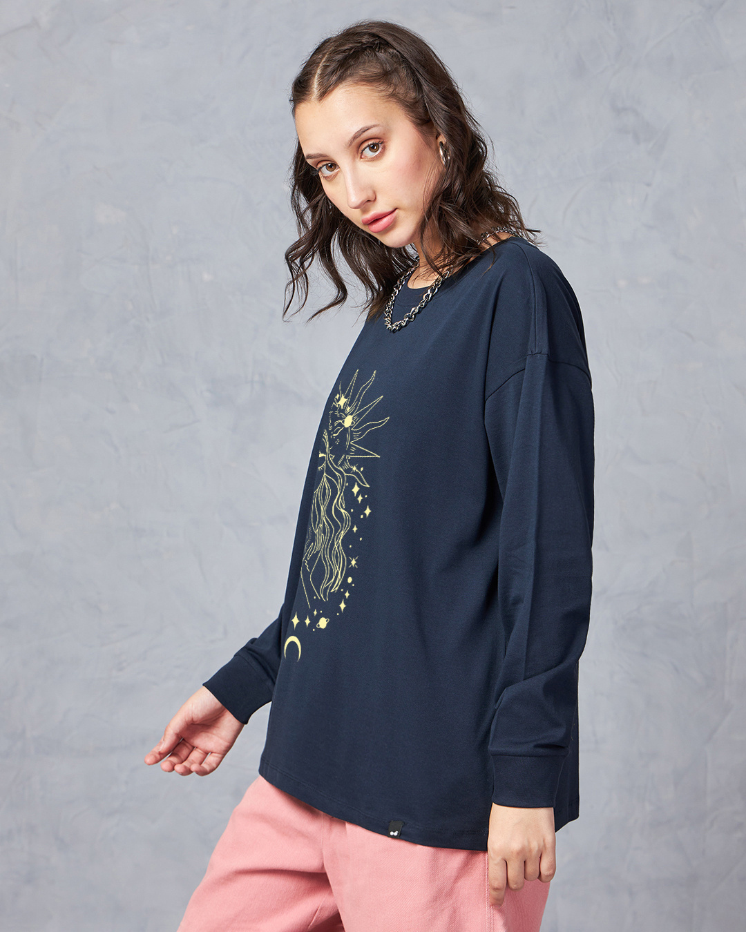 Shop Women's Navy Blue Stardust Soul Graphic Printed Oversized T-shirt-Back