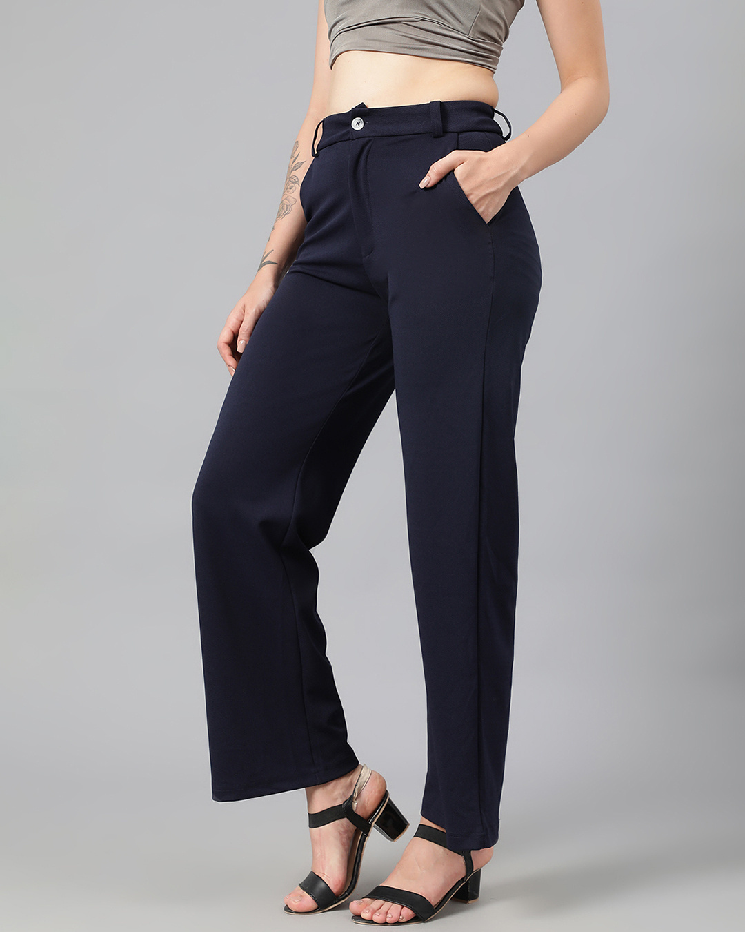 Shop Women's Navy Blue Straight Fit Trousers-Back