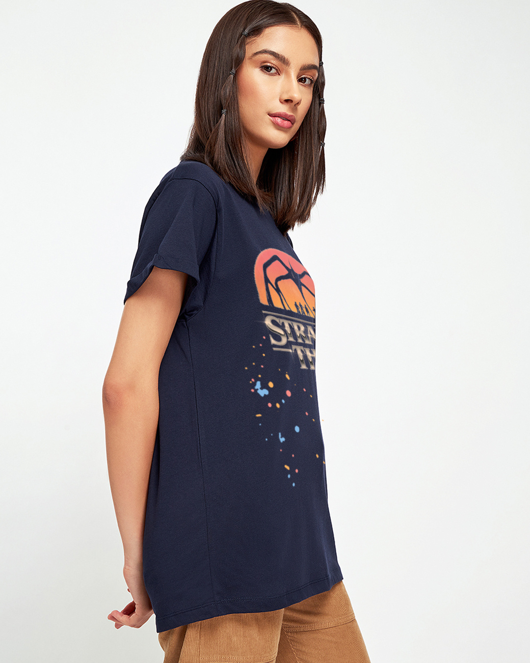Shop Women's Navy Blue Stranger Things Logo Splatter Graphic Printed Boyfriend T-shirt-Back