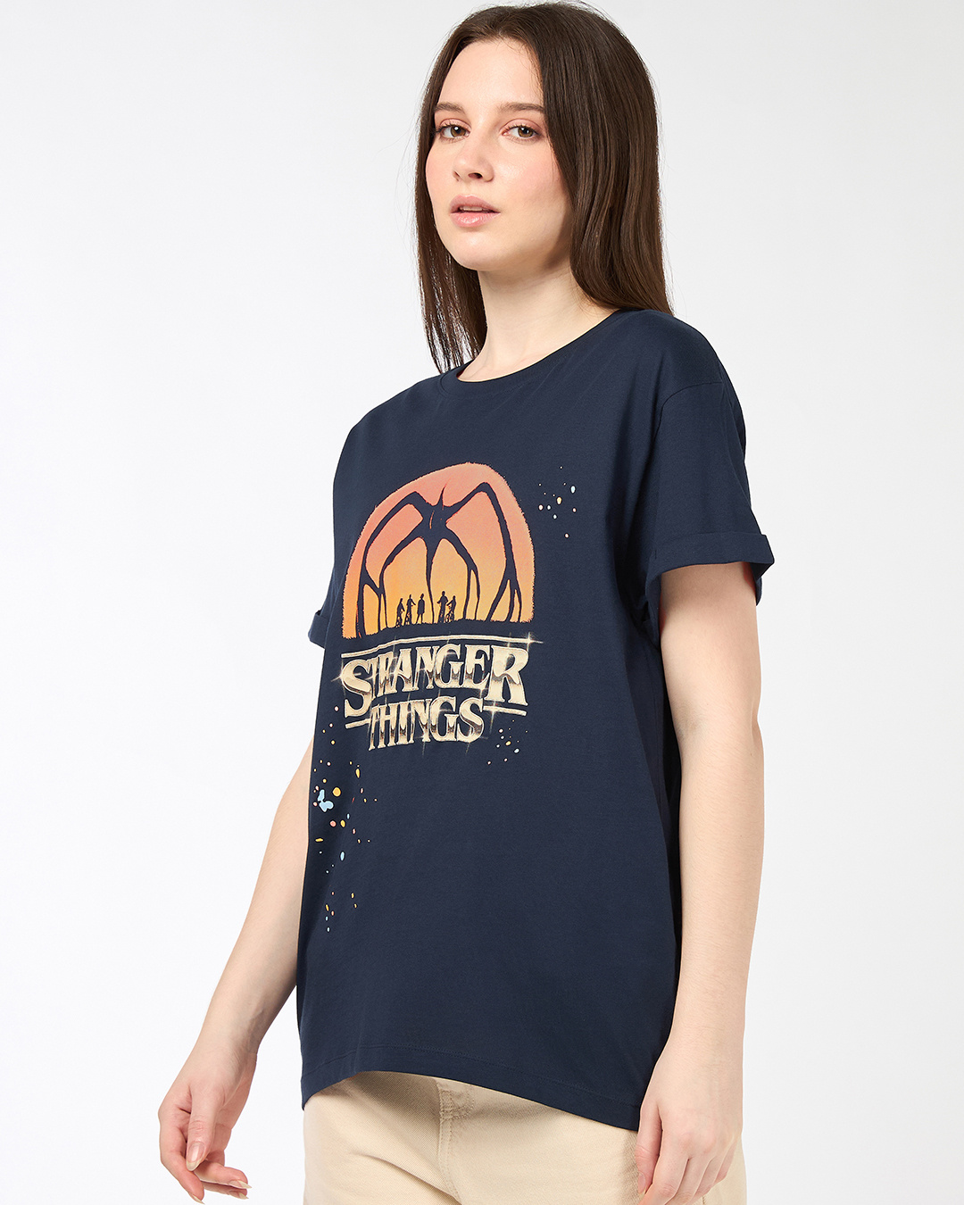 Shop Women's Navy Blue Stranger Things Logo Splatter Graphic Printed Boyfriend T-shirt-Back