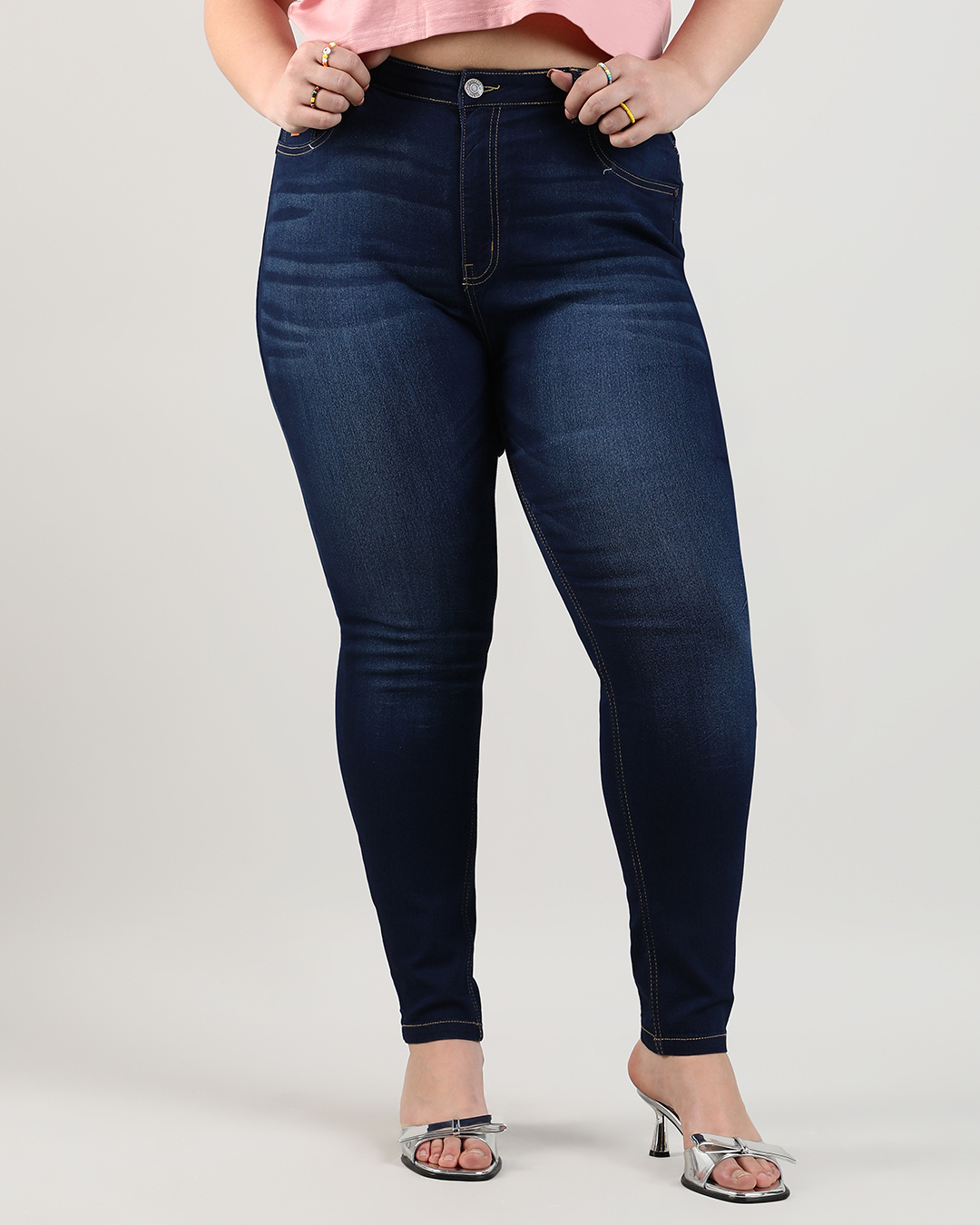 Shop Women's Navy Blue Washed Slim Fit Plus Size Jeans-Back