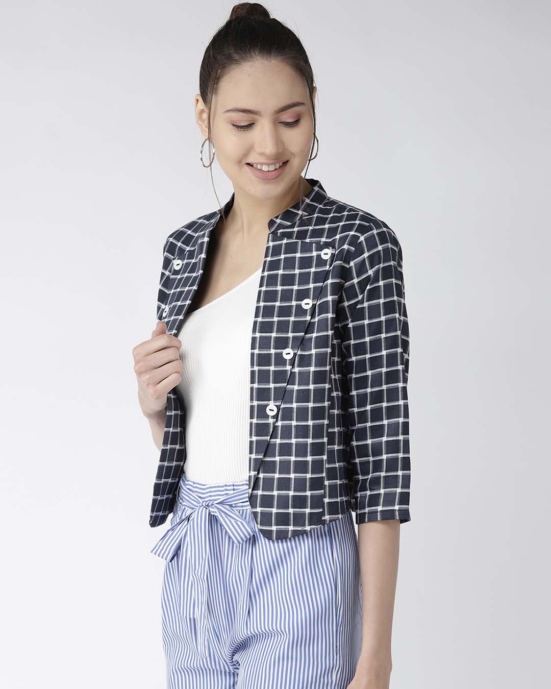 Shop Women's Navy Blue & White Checked Crop Tailored Jacket-Back
