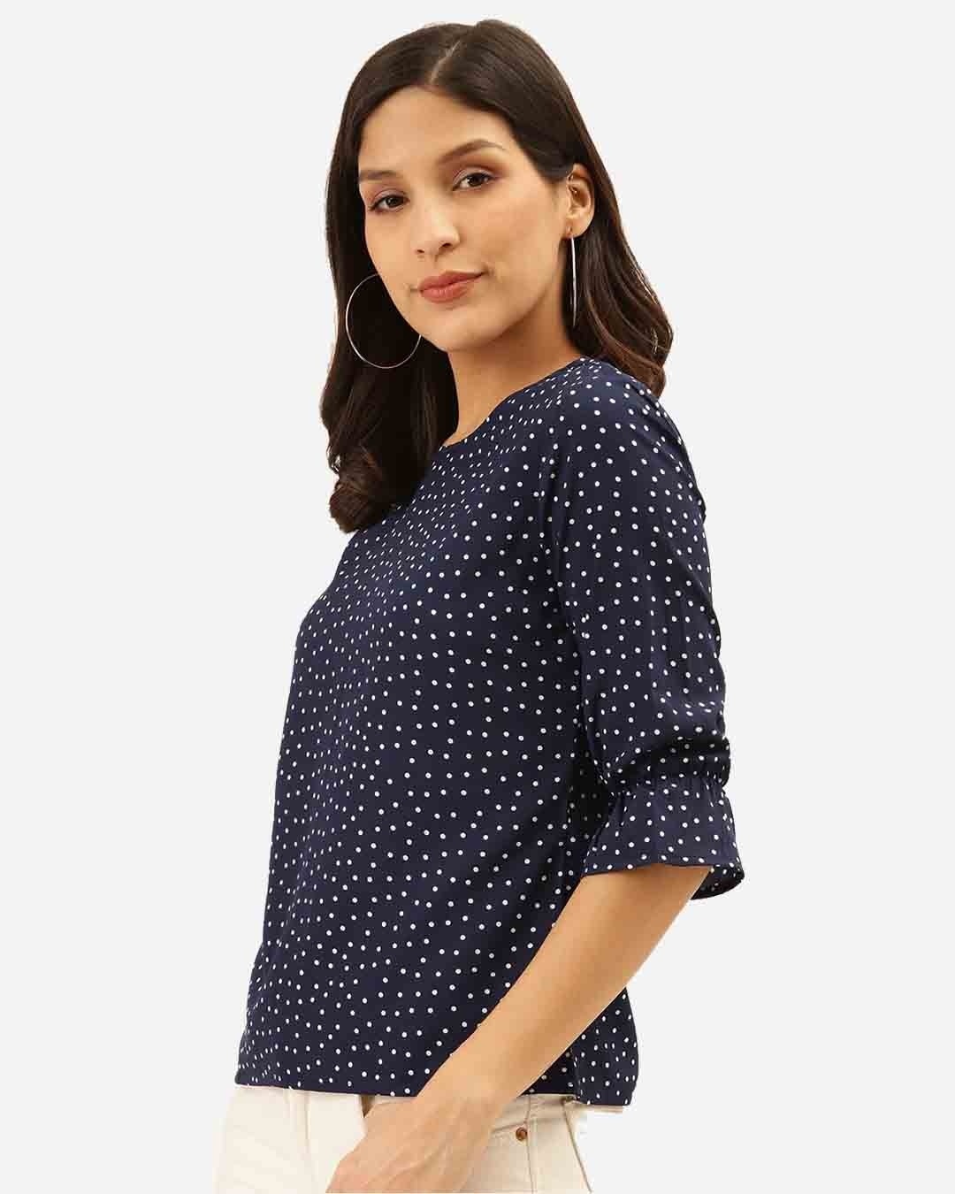 Shop Women's Navy Blue & White Polka Dot Print Regular Top-Back