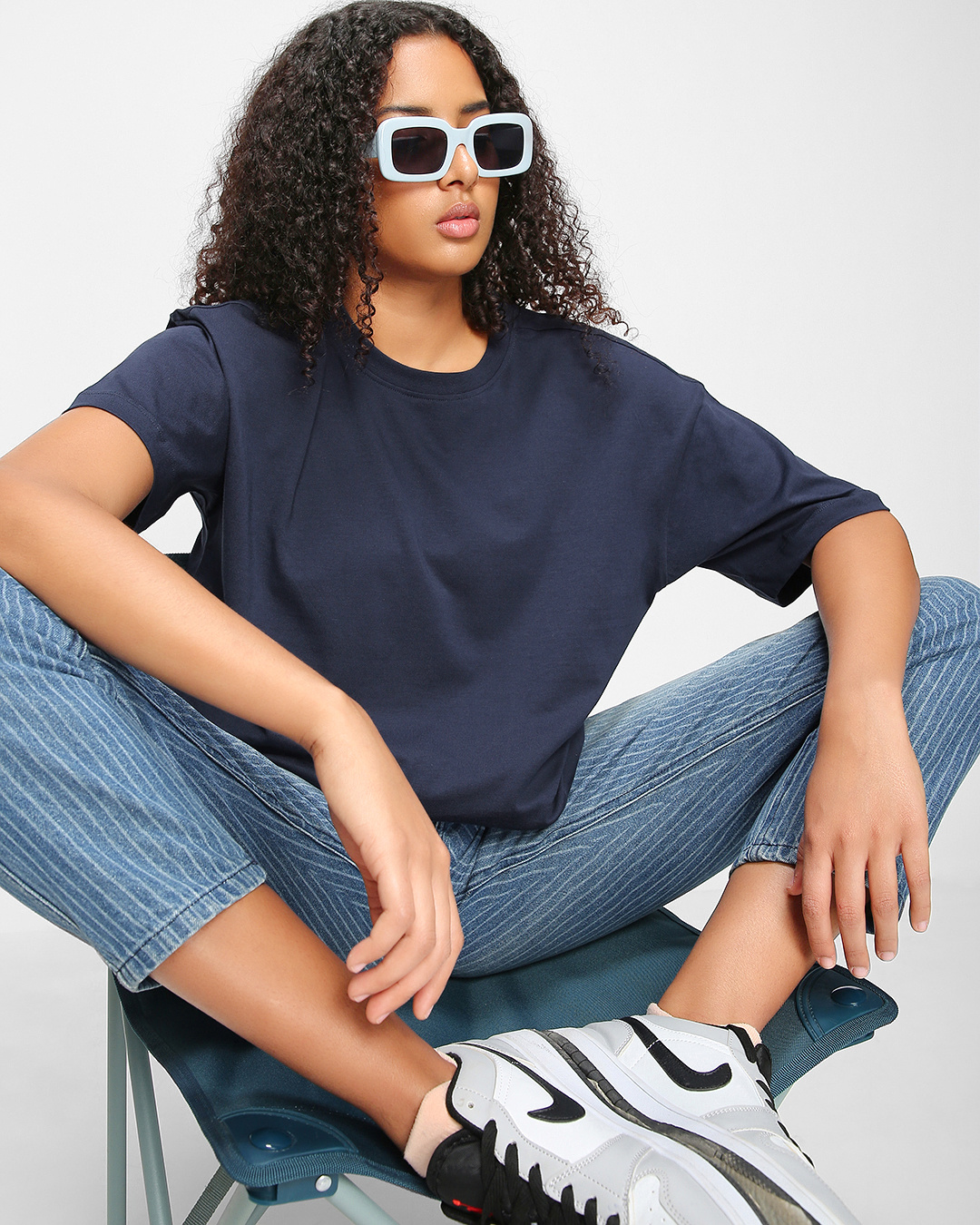 Women's Oversized Blue Solid Shirt with Adjustable Hem