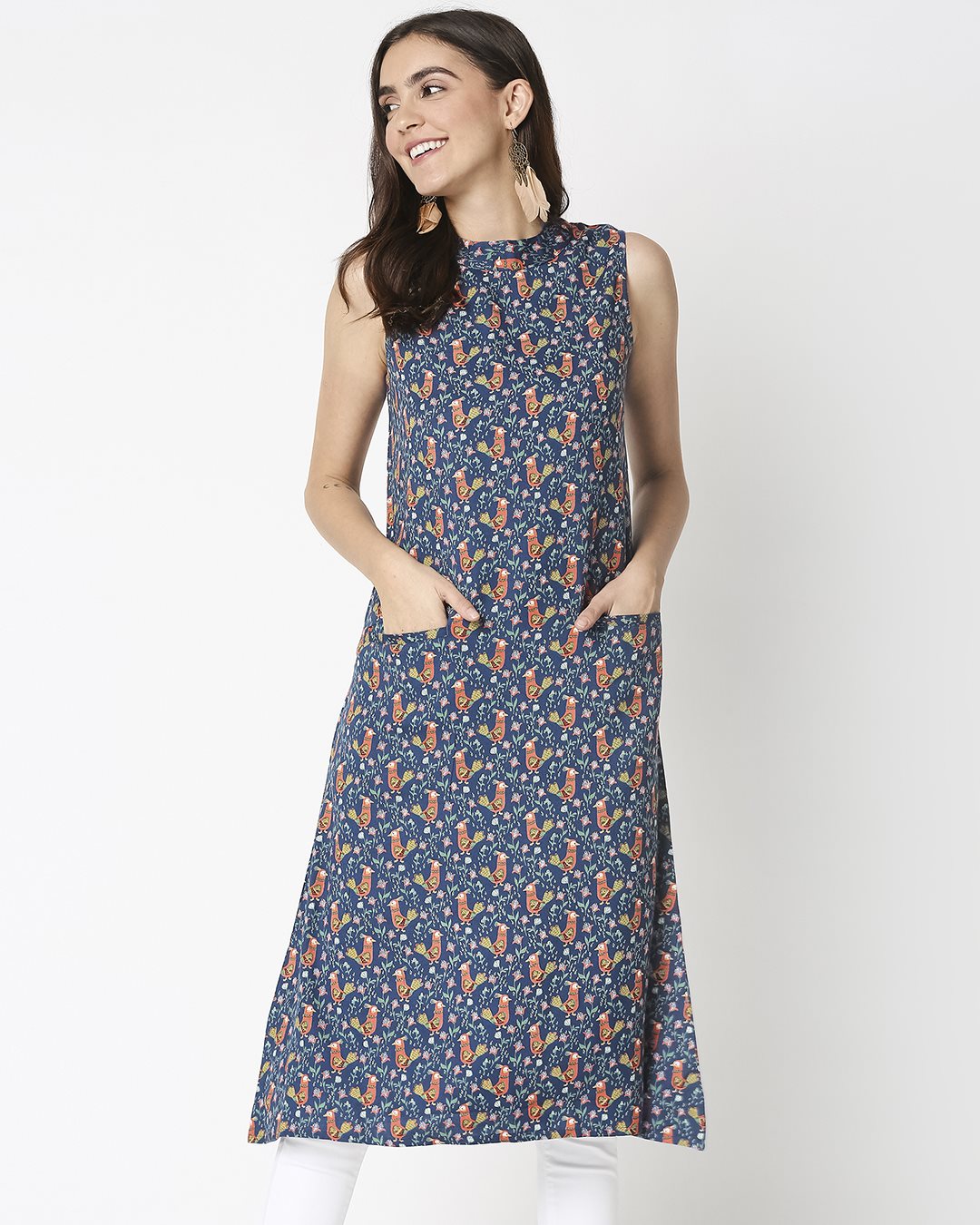 Shop Women's Navy Printed Sleeveless Kurti Dress-Back