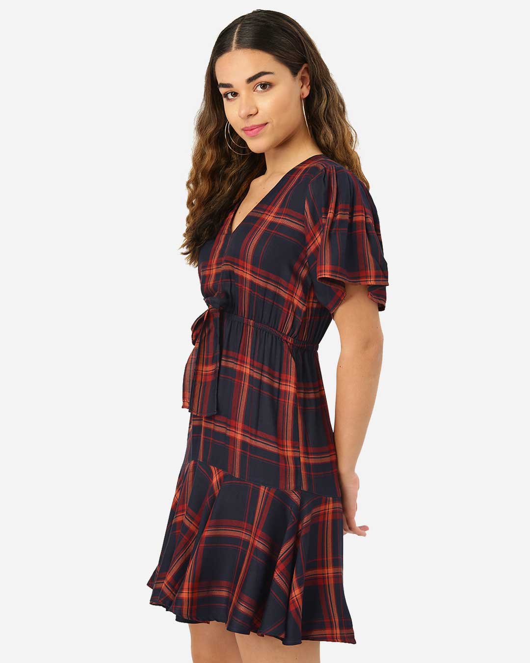 Shop Women's Navy & Rust Red Checked A Line Dress-Back