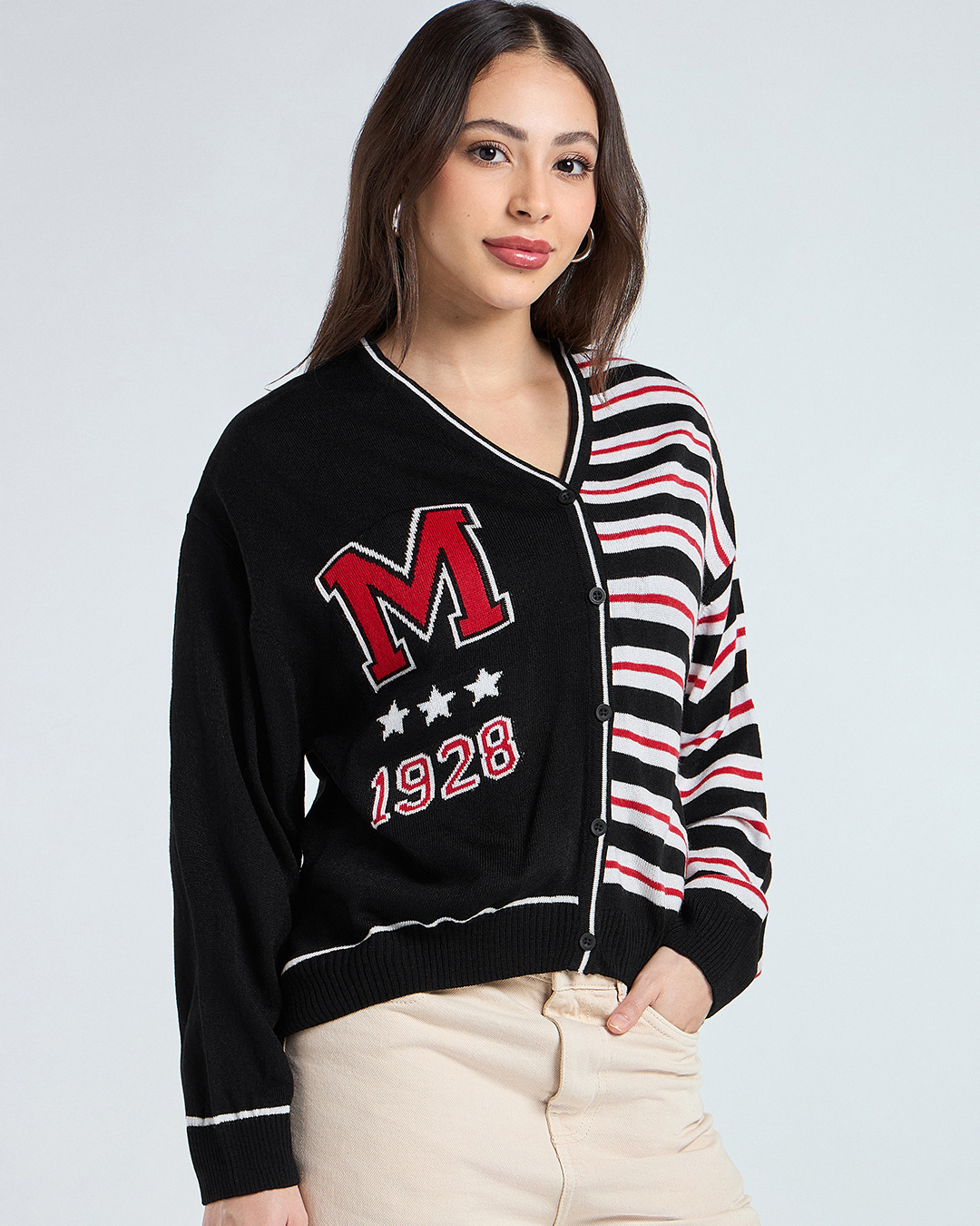 Shop Women's Black & White Striped Oversized Sweater-Back