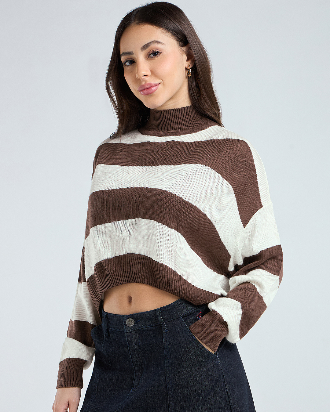 Shop Women's Off White & Brown Striped Oversized Crop Sweater-Back