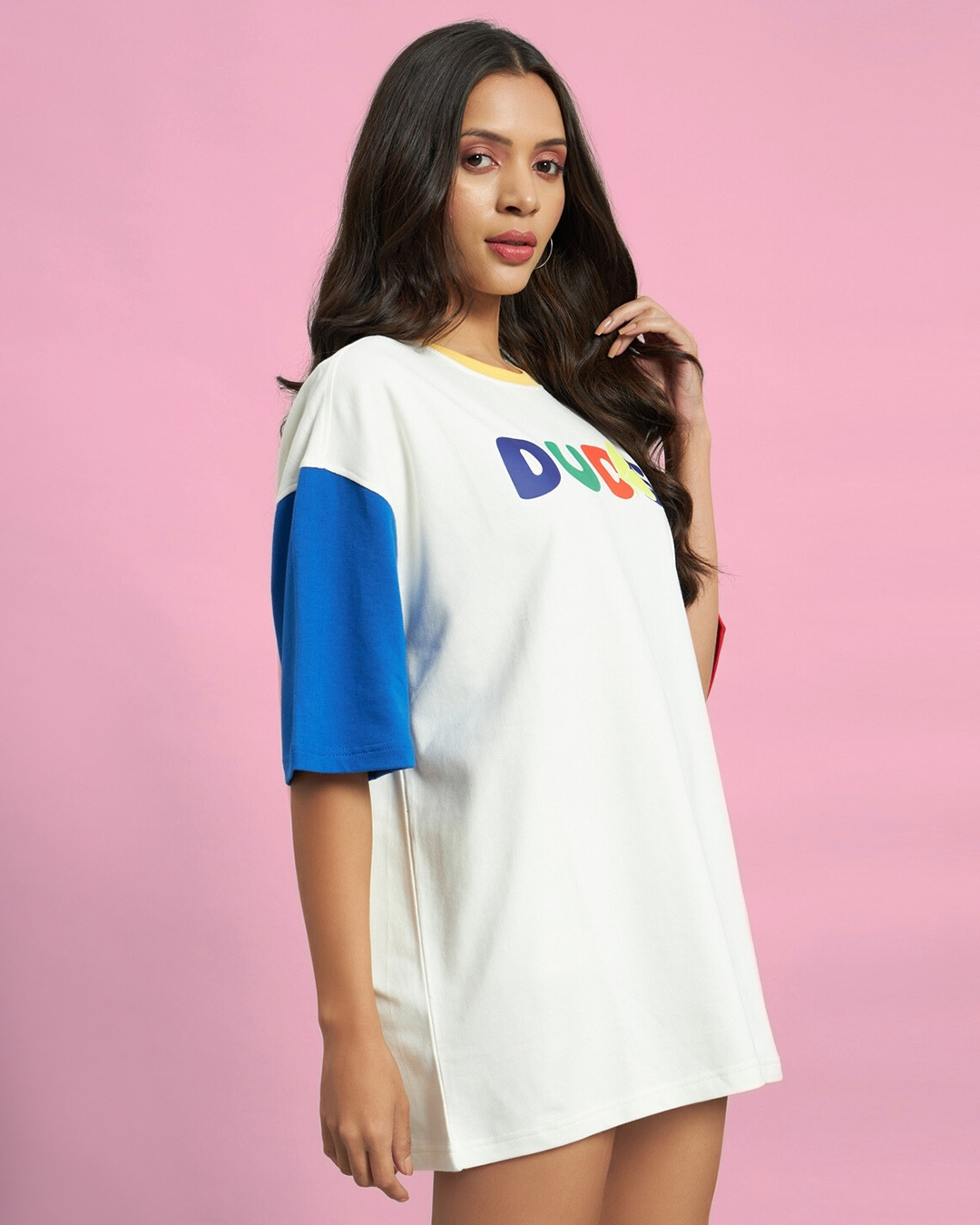 Shop Women's Off White Color Block Oversized T-shirt-Back