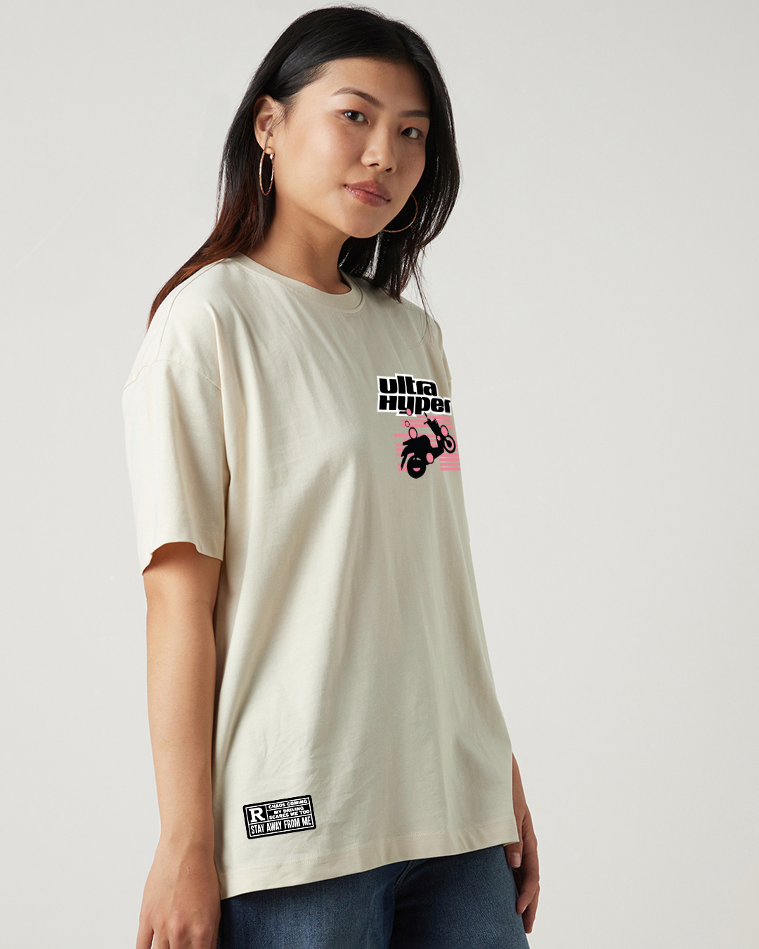 Shop Women's Off White Hyper Drive Graphic Printed Oversized T-shirt-Back