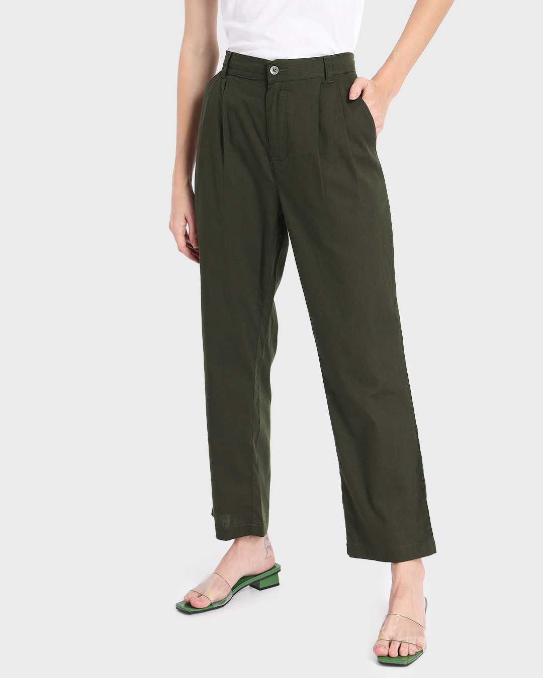 Buy Women's Olive Cotton Flared Trousers Online at Bewakoof